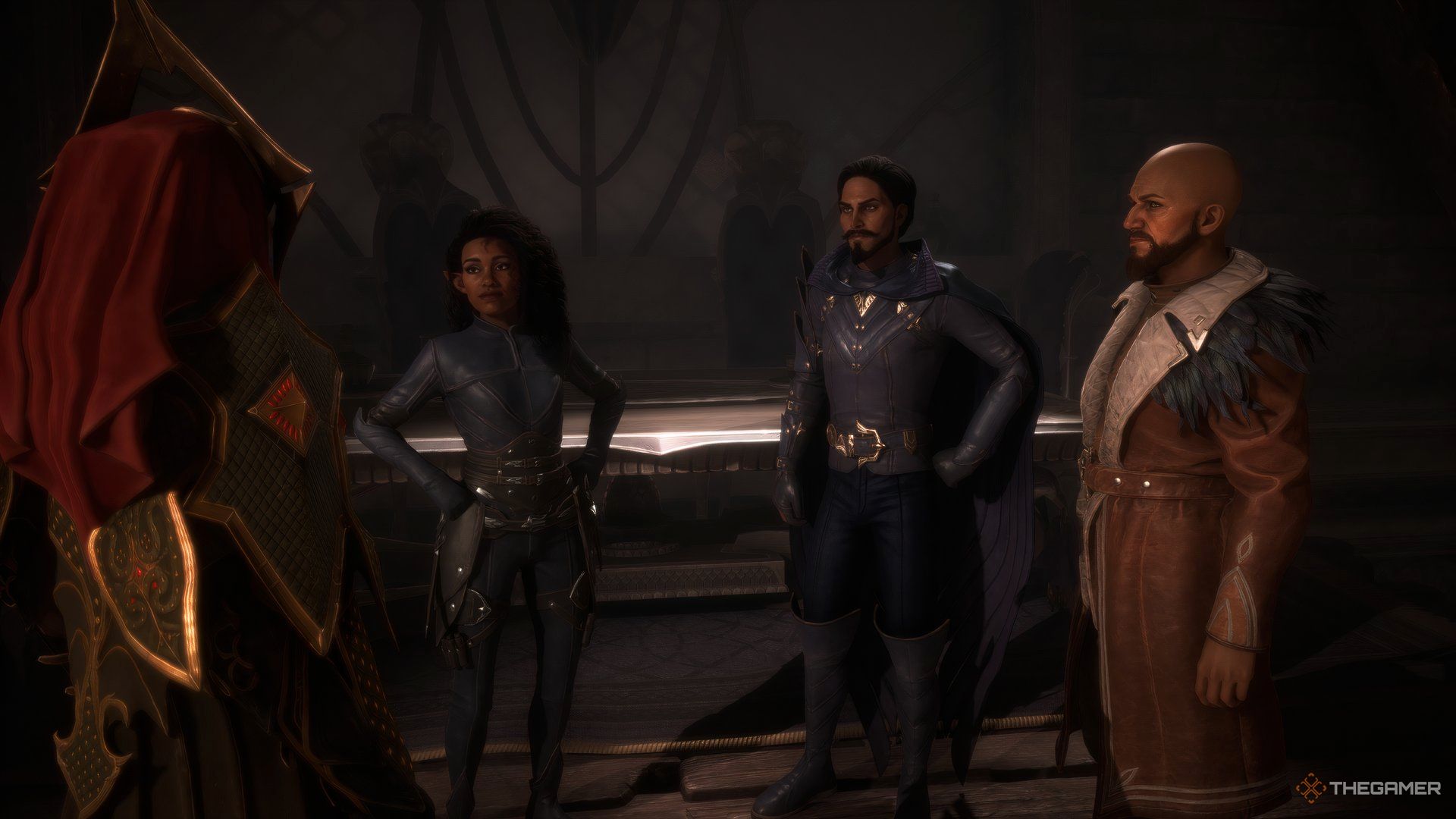 Rook meeting Teia, Viago, and the Governor of Treviso in Dragon Age: The Veilguard.