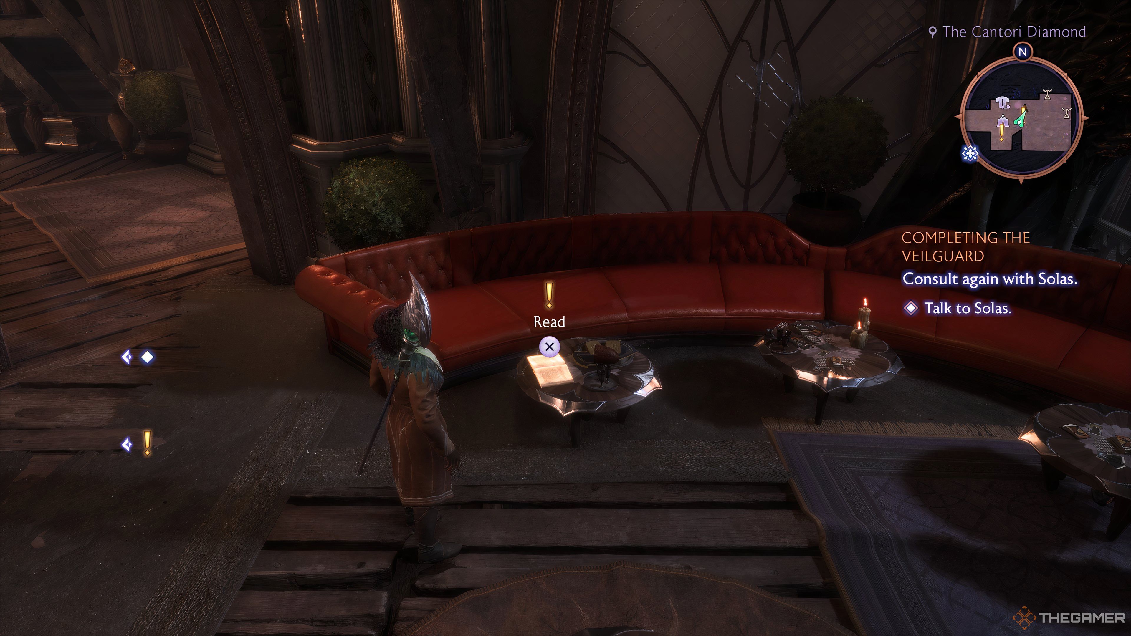 Player Rook standing by a note with a quest marker above it on a table in Dragon Age: The Veilguard.