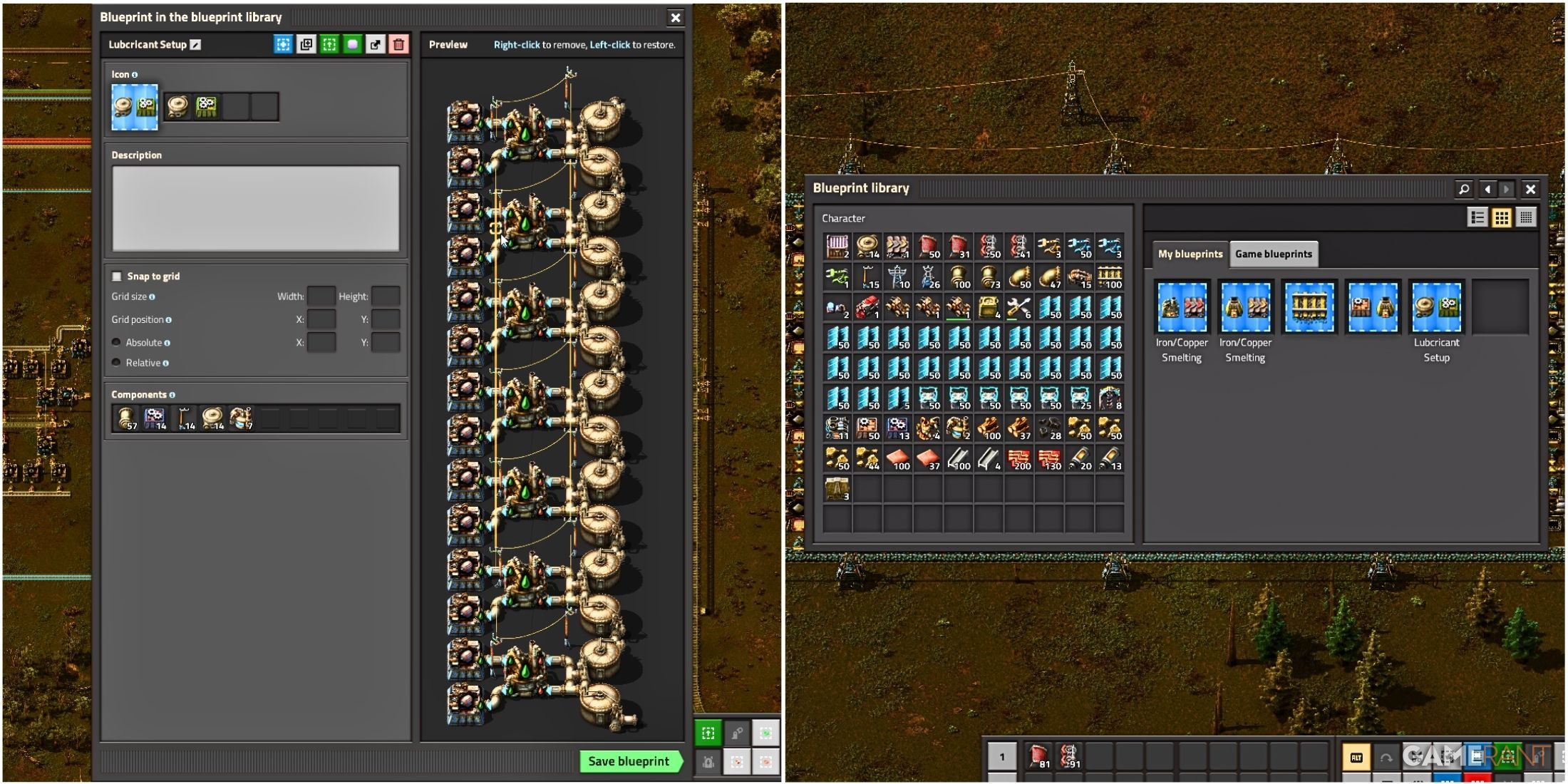 Blueprint Editor and Blueprint Library in Factorio