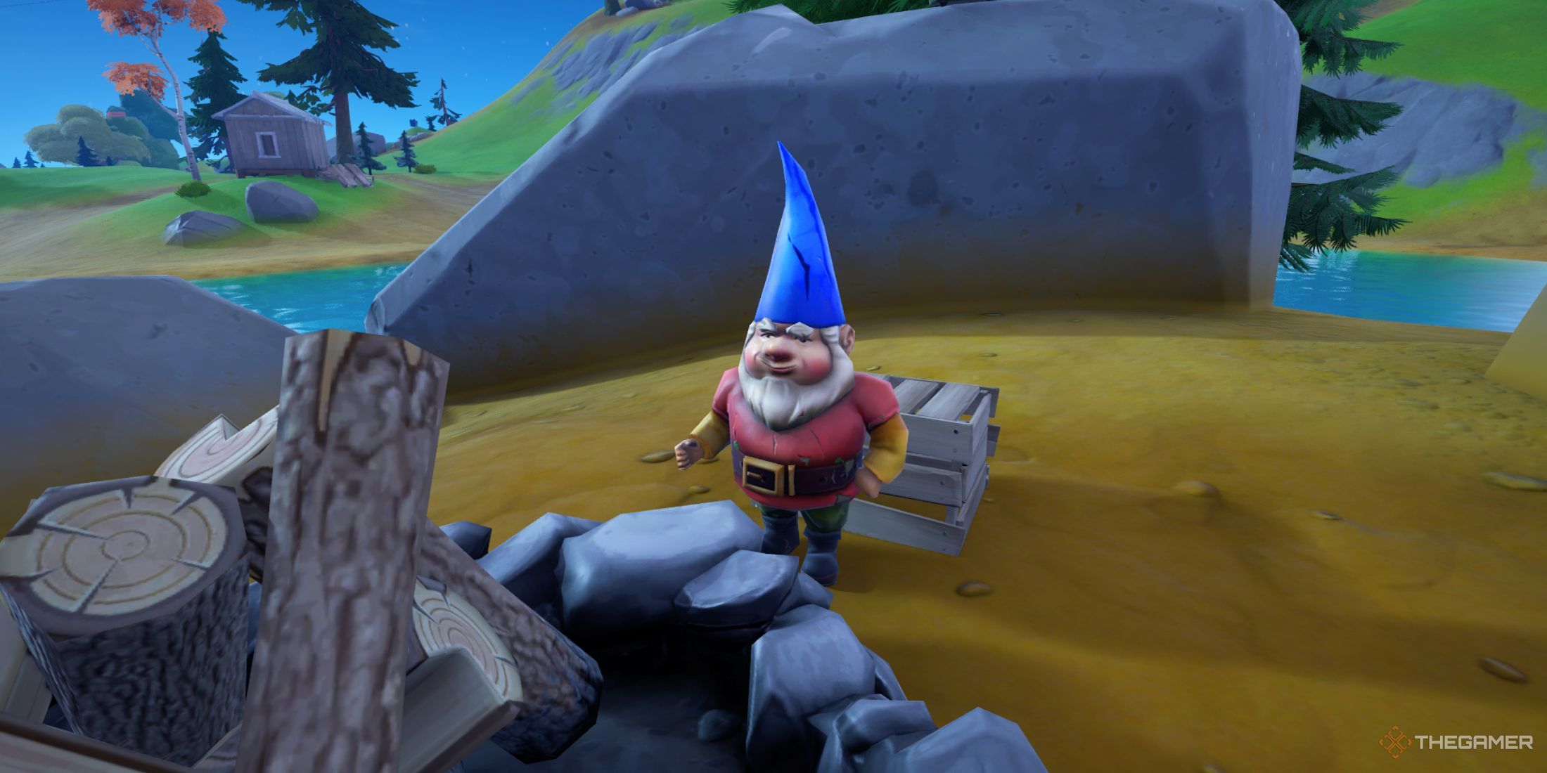 Gnome in front of a firepit in Fortnite. 