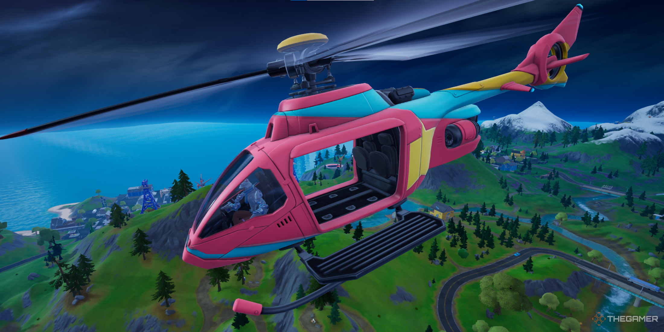 A Fortnite player in a helicopter.