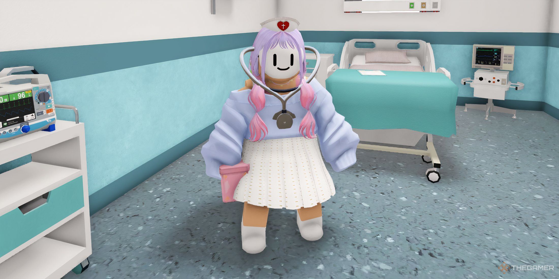 A Roblox character in a nurse costume.