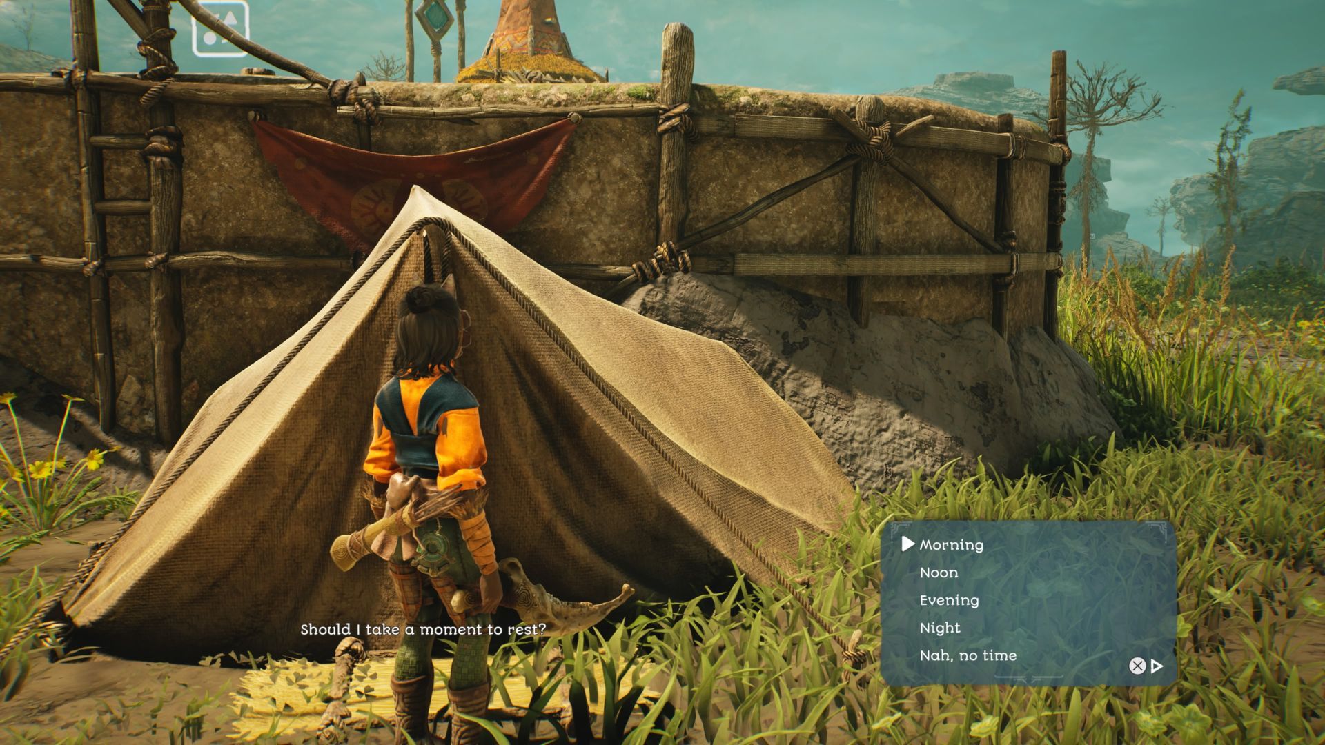 A player passing time in a tent in Towers of Aghasba