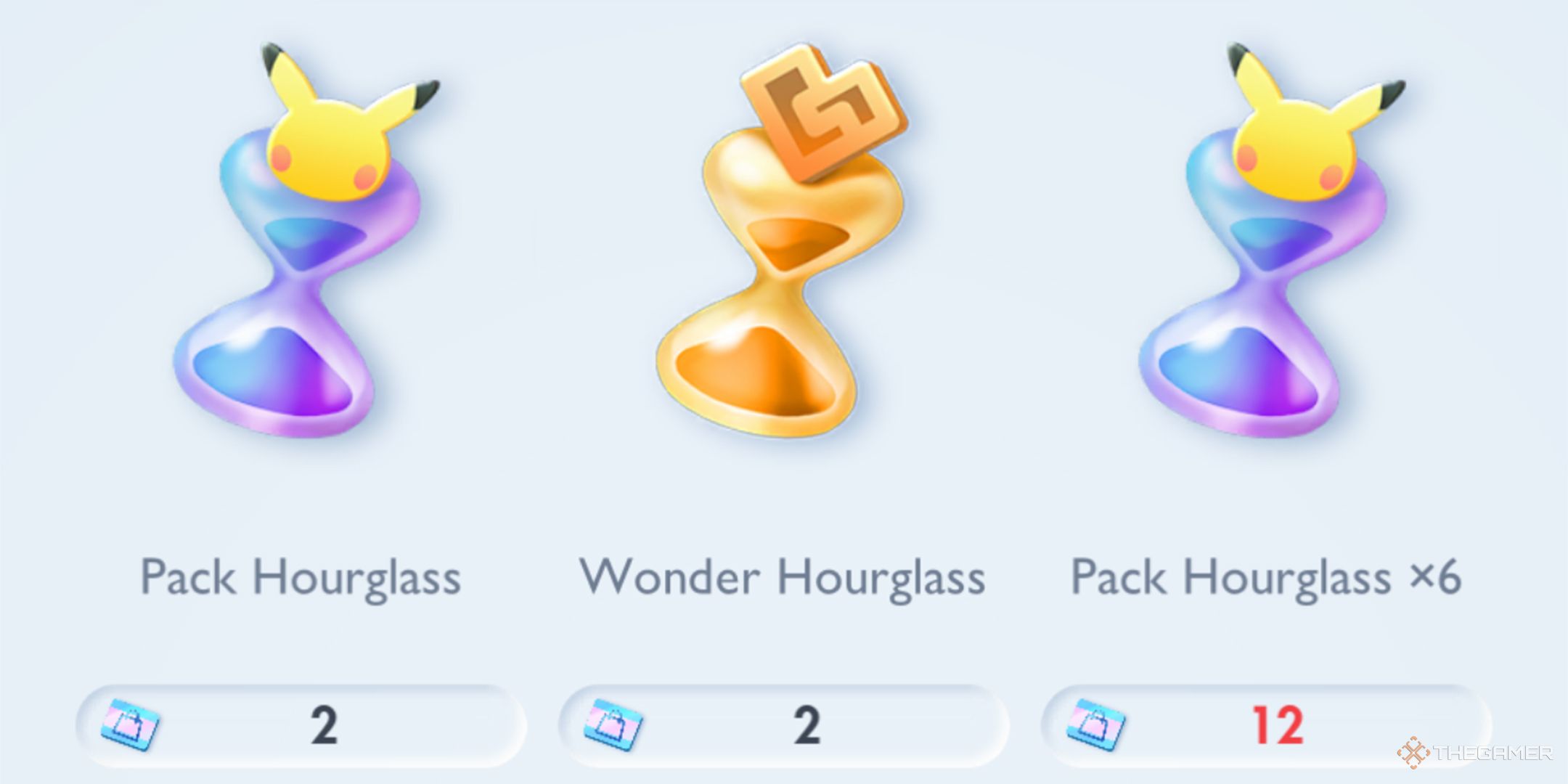 A few of the items available to buy using Shop Tickets, including Pack and Wonder Hourglasses.