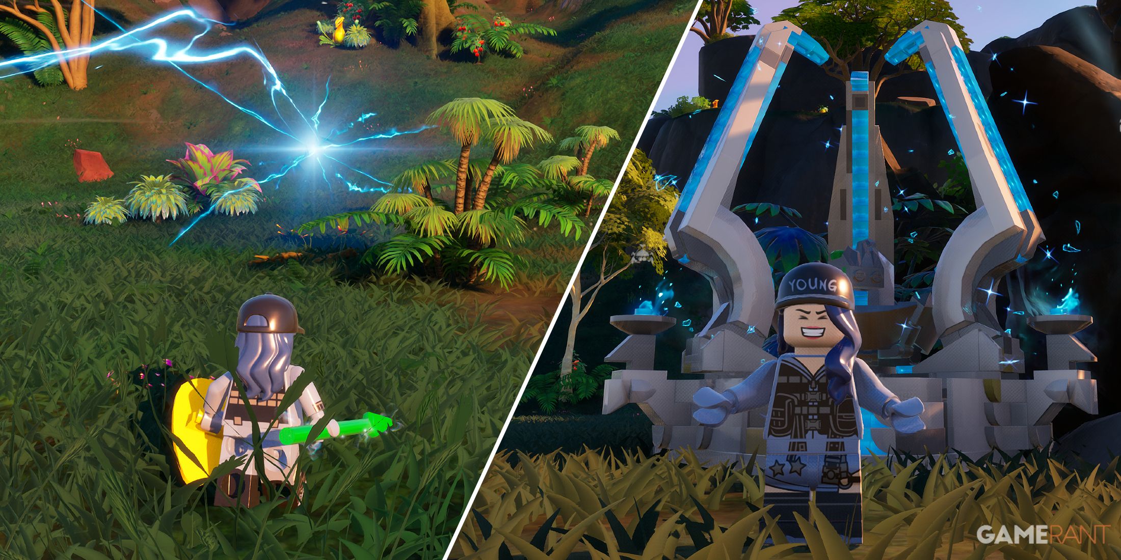 Split-image showcasing a Rift Shrine in LEGO Fortnite