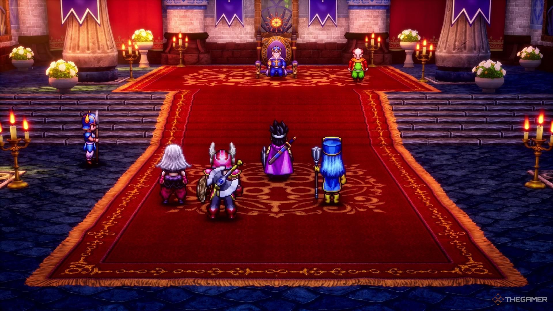 The party approaches the Portogan King on his throne in Dragon Quest 3 Remake.