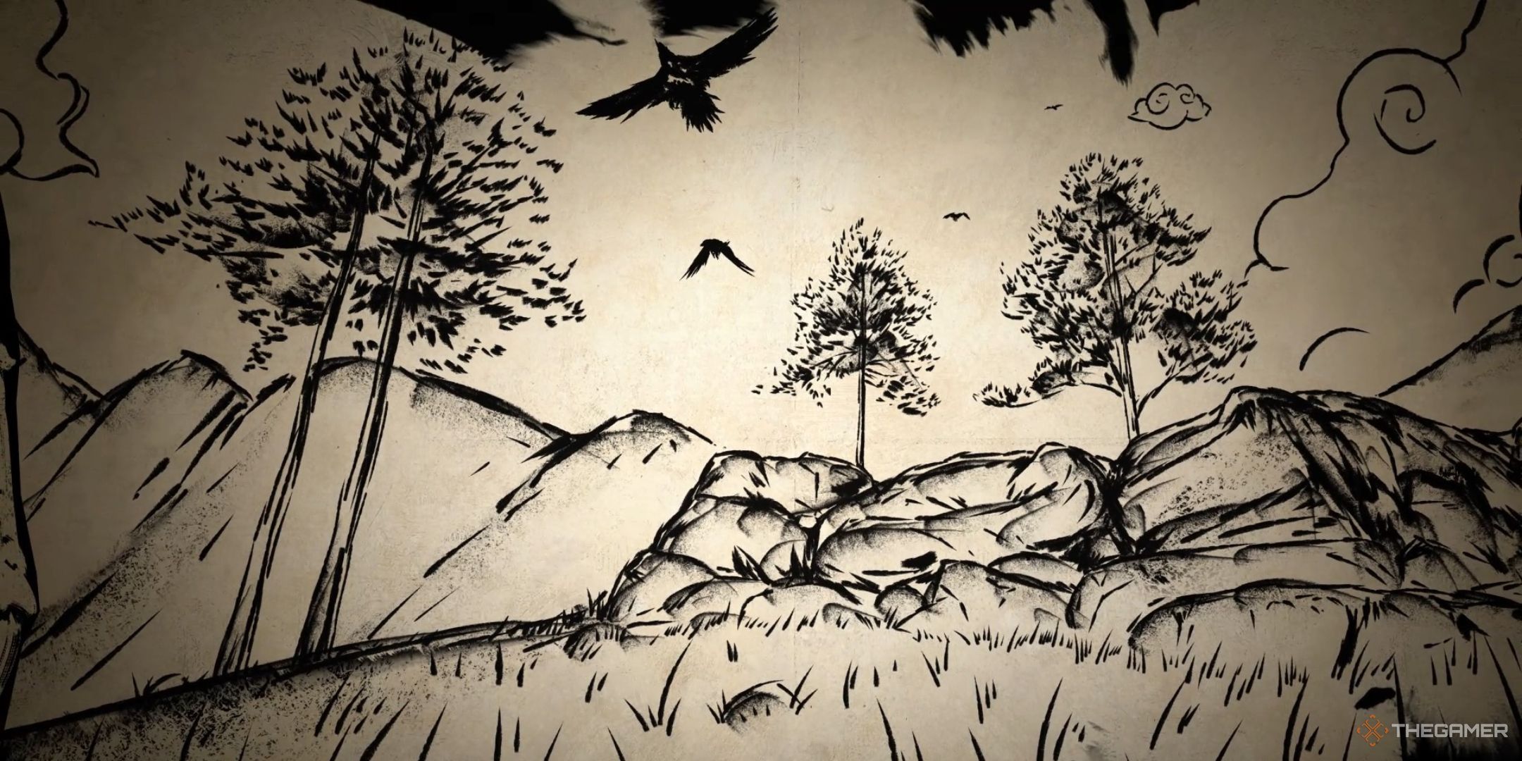 birds flying over a cliff face in an ink painting cutscene in sengoku dynasty.