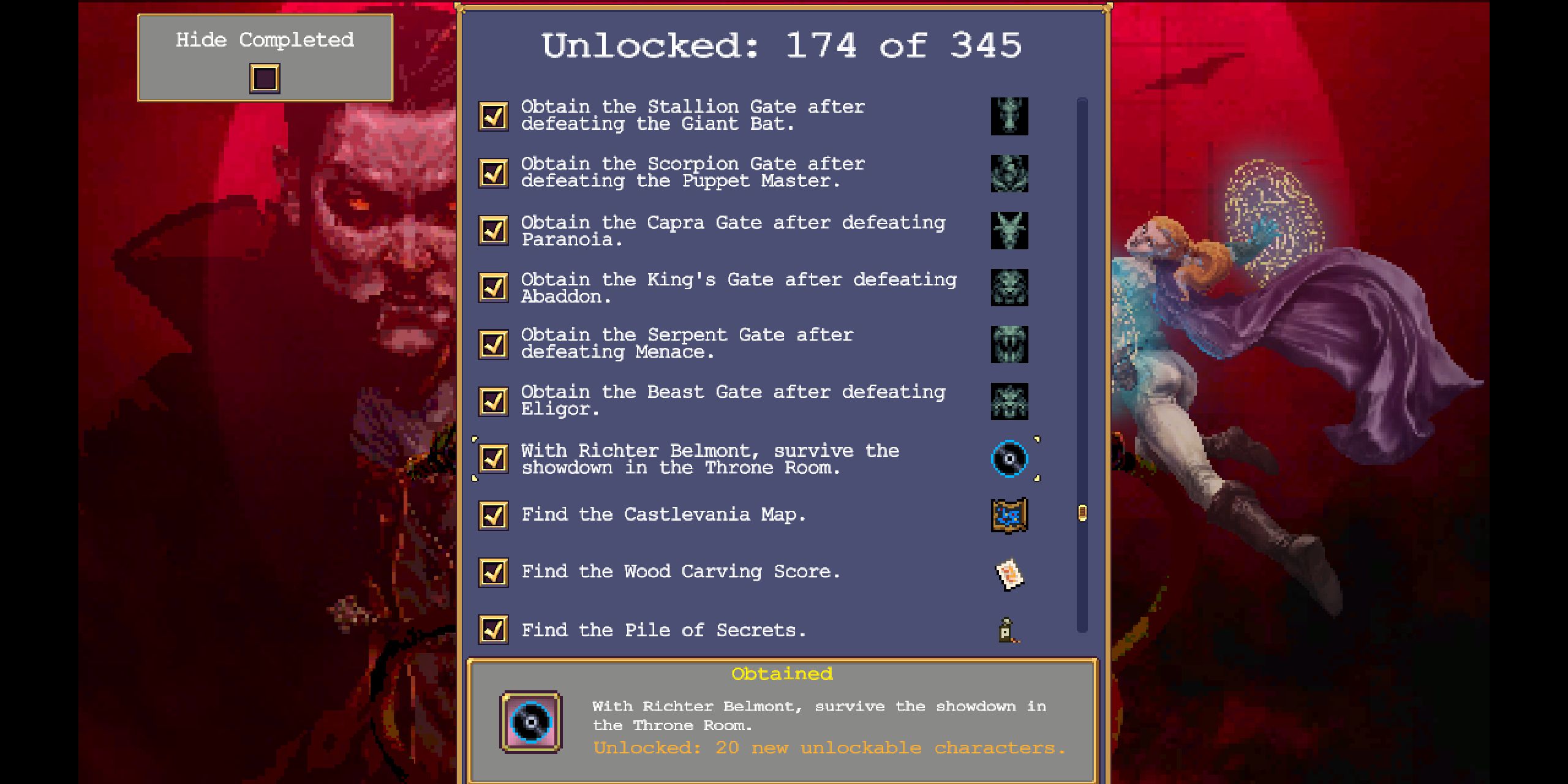 The Unlockables Menu showing a list of objectives in Vampire Survivors.