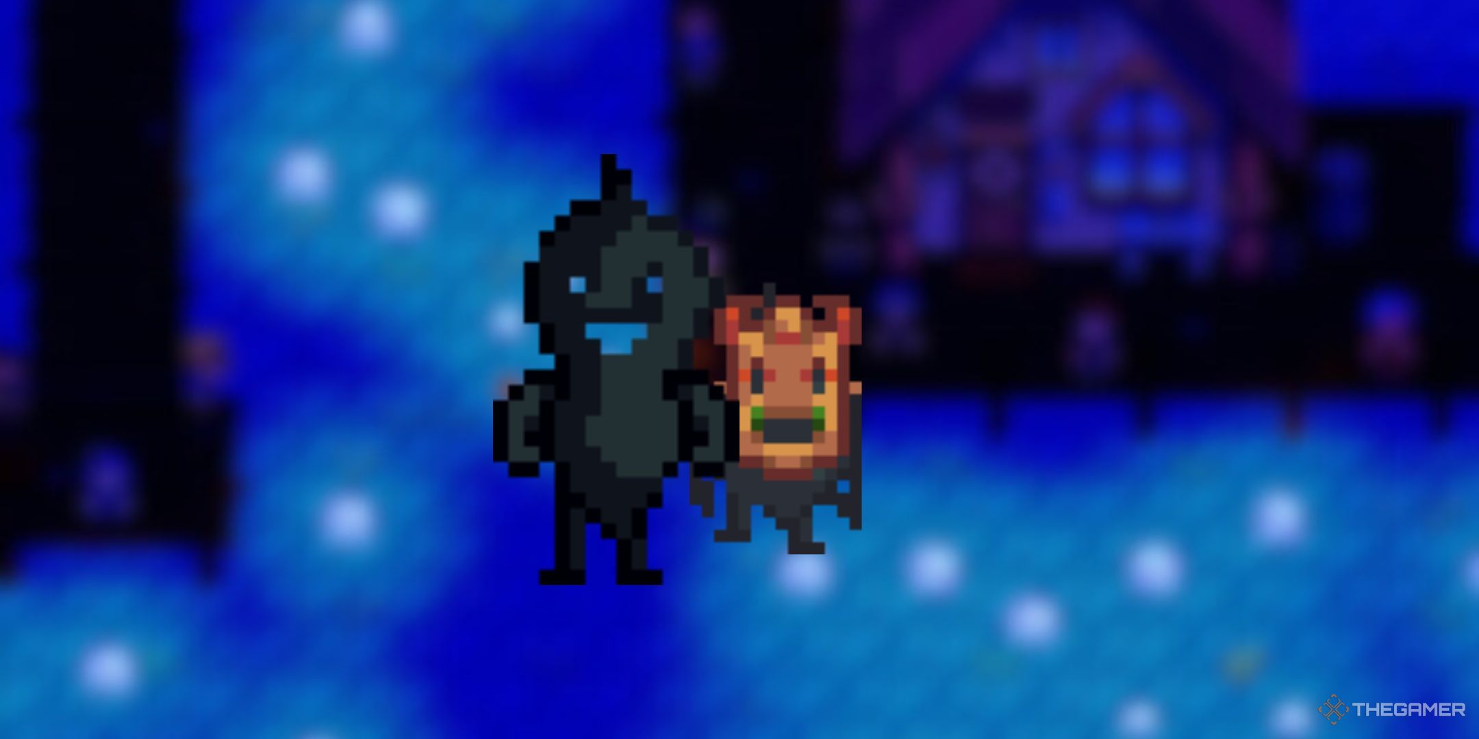 Stardew Valley Shadow Brute and Shadow Shaman over a blurred background.