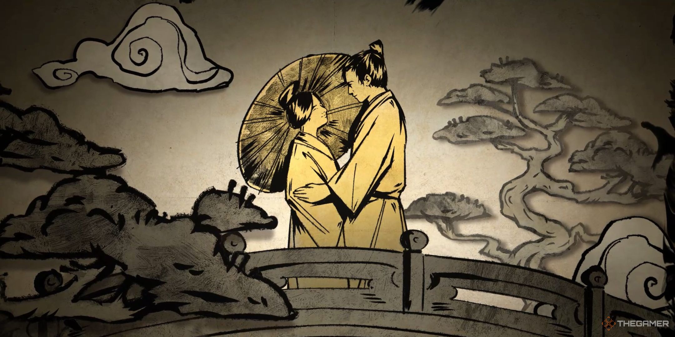 an ink painting of a couple on a bridge in the wedding cutscene of sengoku dynasty.