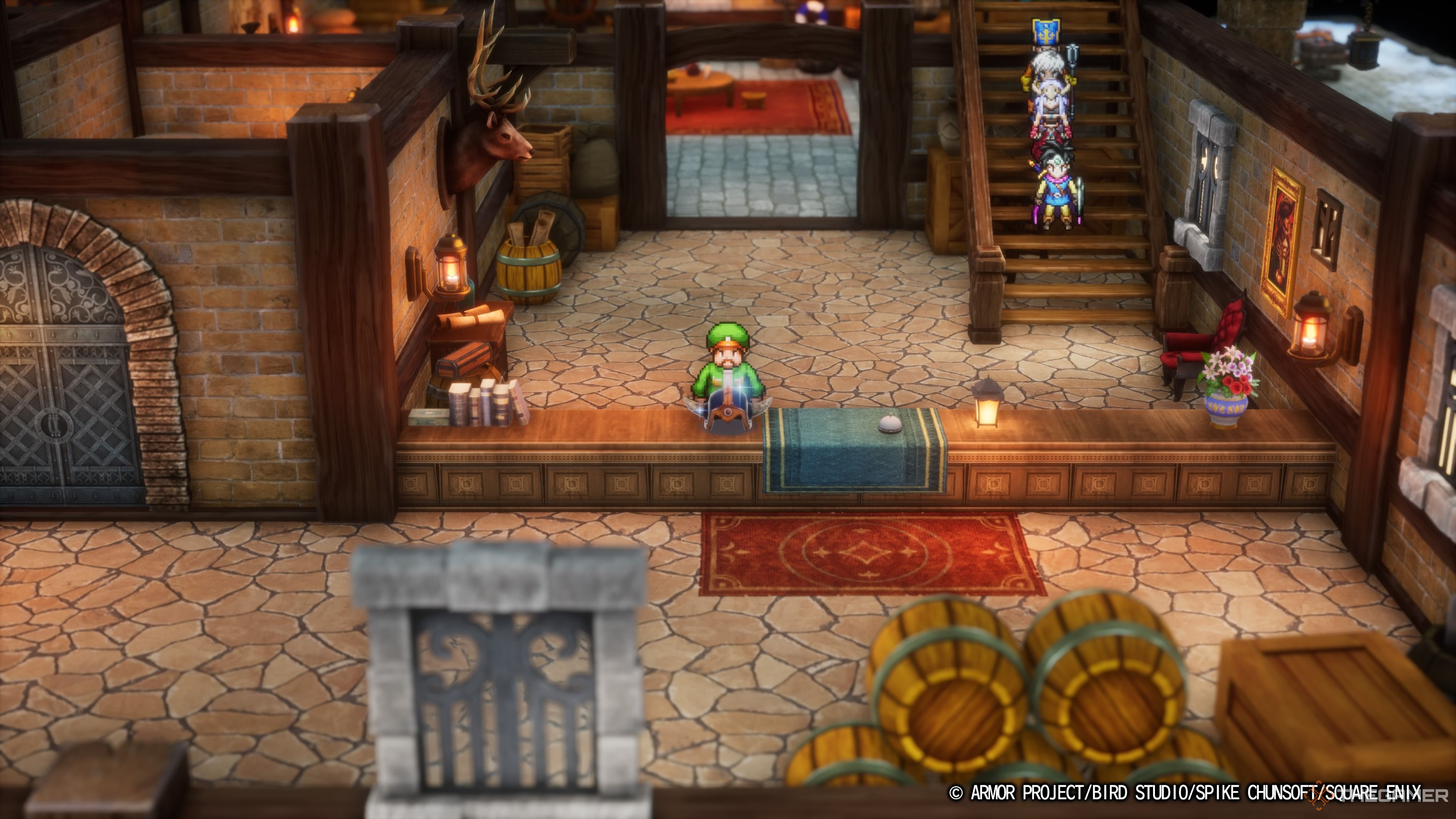 DRAGON QUEST III HD-2D Remake the shopkeeper looking at Ortega's helmet while the part stands on a staircase in the background.