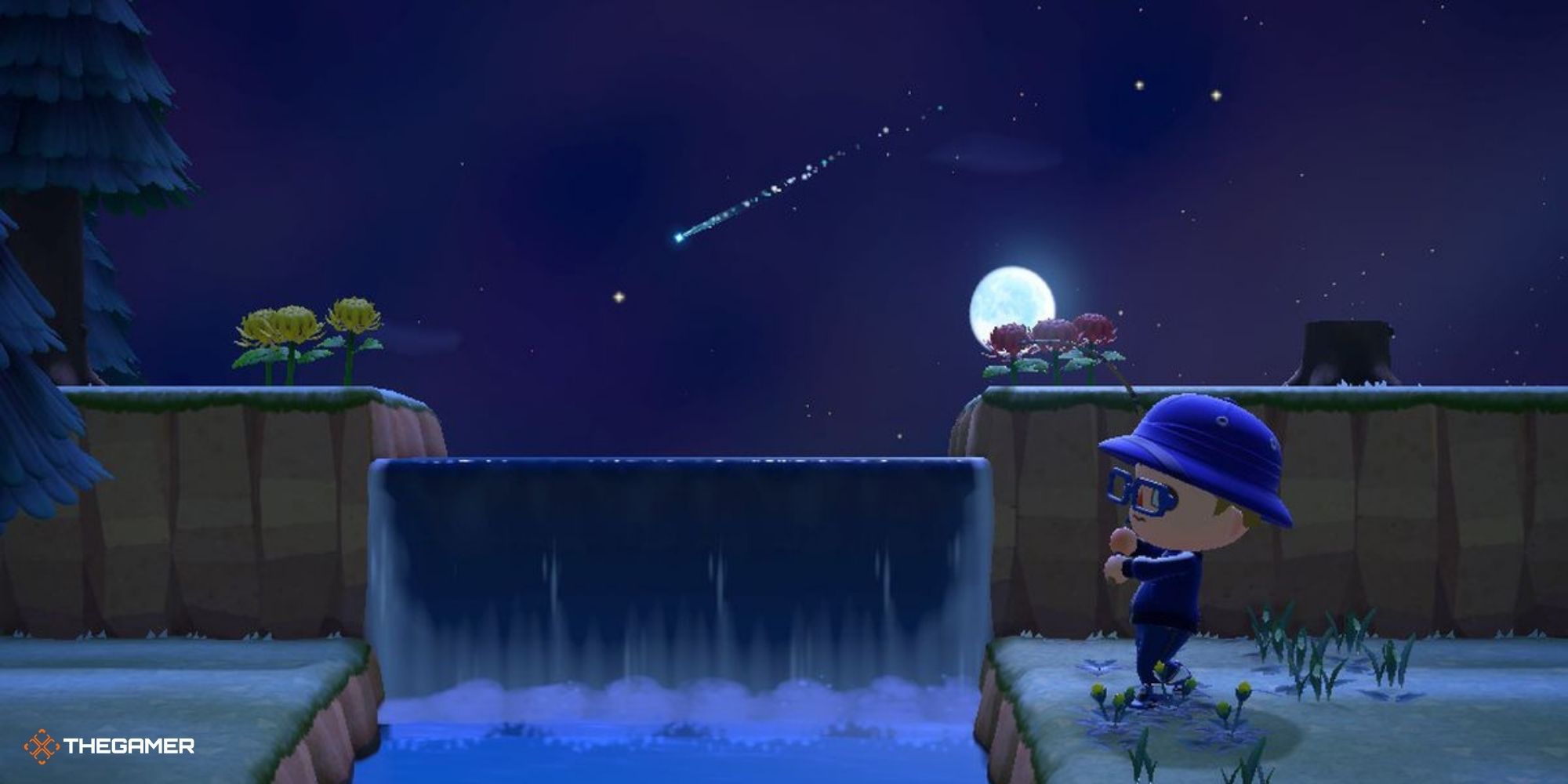 Animal Crossing New Horizons - Player fishing with a shooting star in the background.