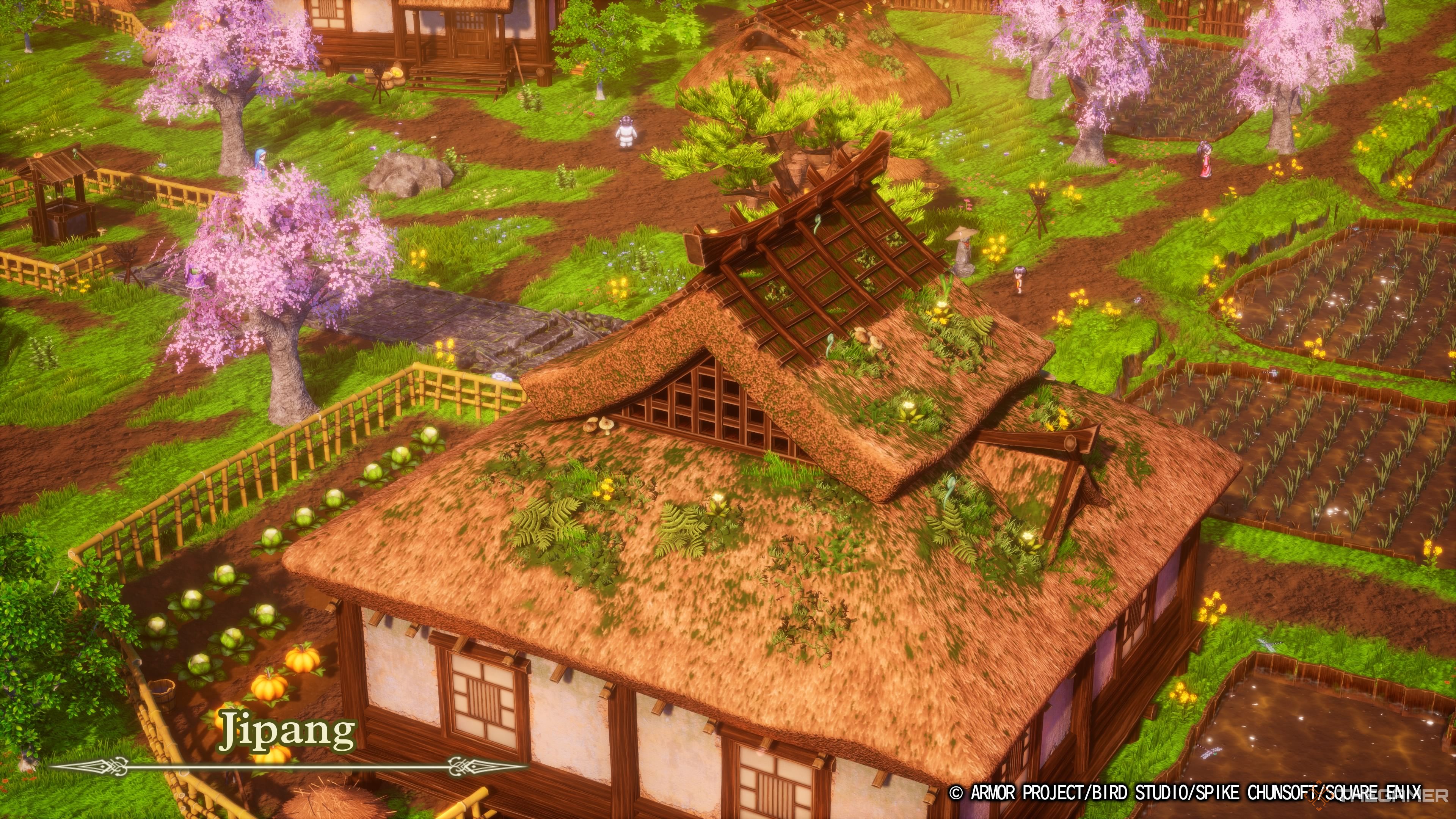 DRAGON QUEST III HD-2D Remake the introduction scene to Jipang showing buildings, rice paddies, and cherry blossoms.