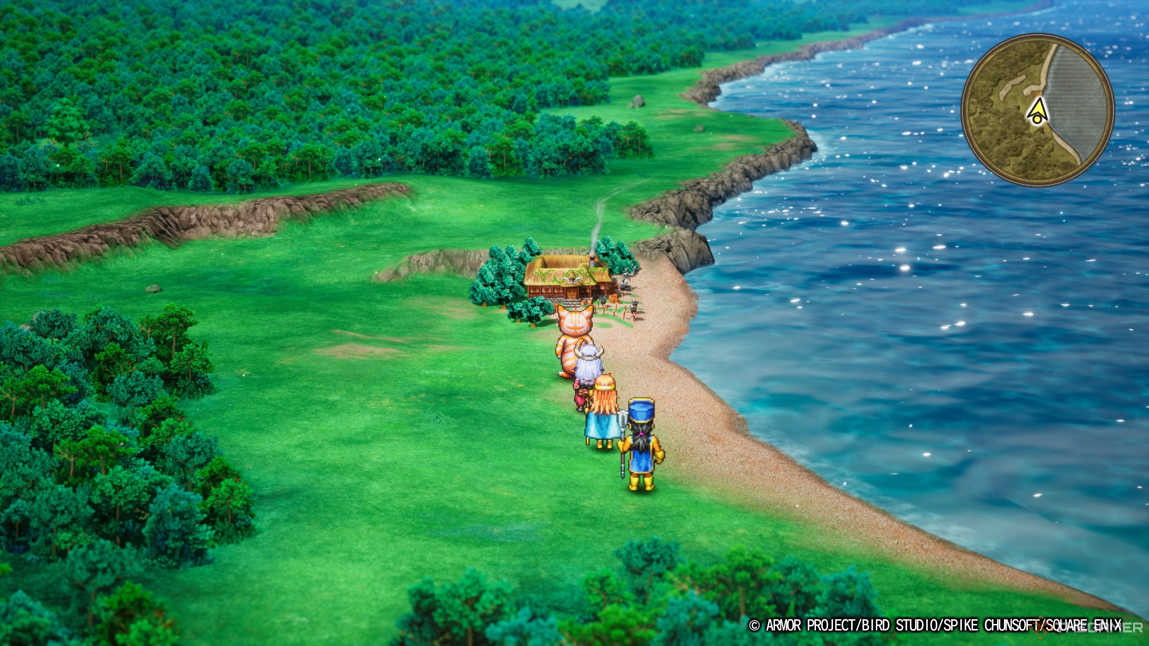 DRAGON QUEST III HD-2D Remake the party approaching the pirate's den on the overworld.