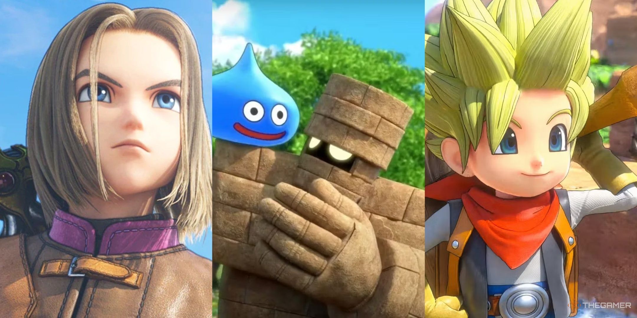 The main character from Dragon Quest 11, a slime on a golem's shoulder, a a boy with yellow spiky hair and a tool in their hands, all from Dragon Quest, left to right.