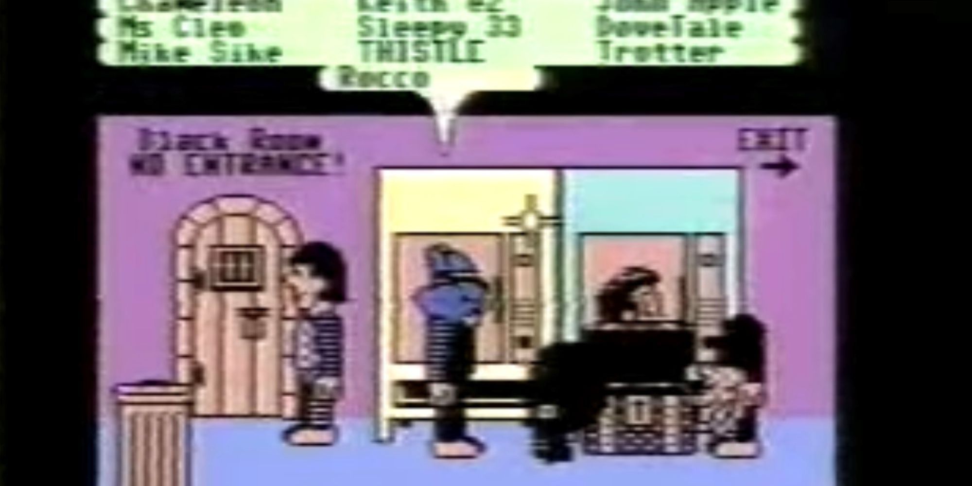 An image from Club Caribe, a Lucasfilm game from 1989, showing some characters against an outdoor retail setting