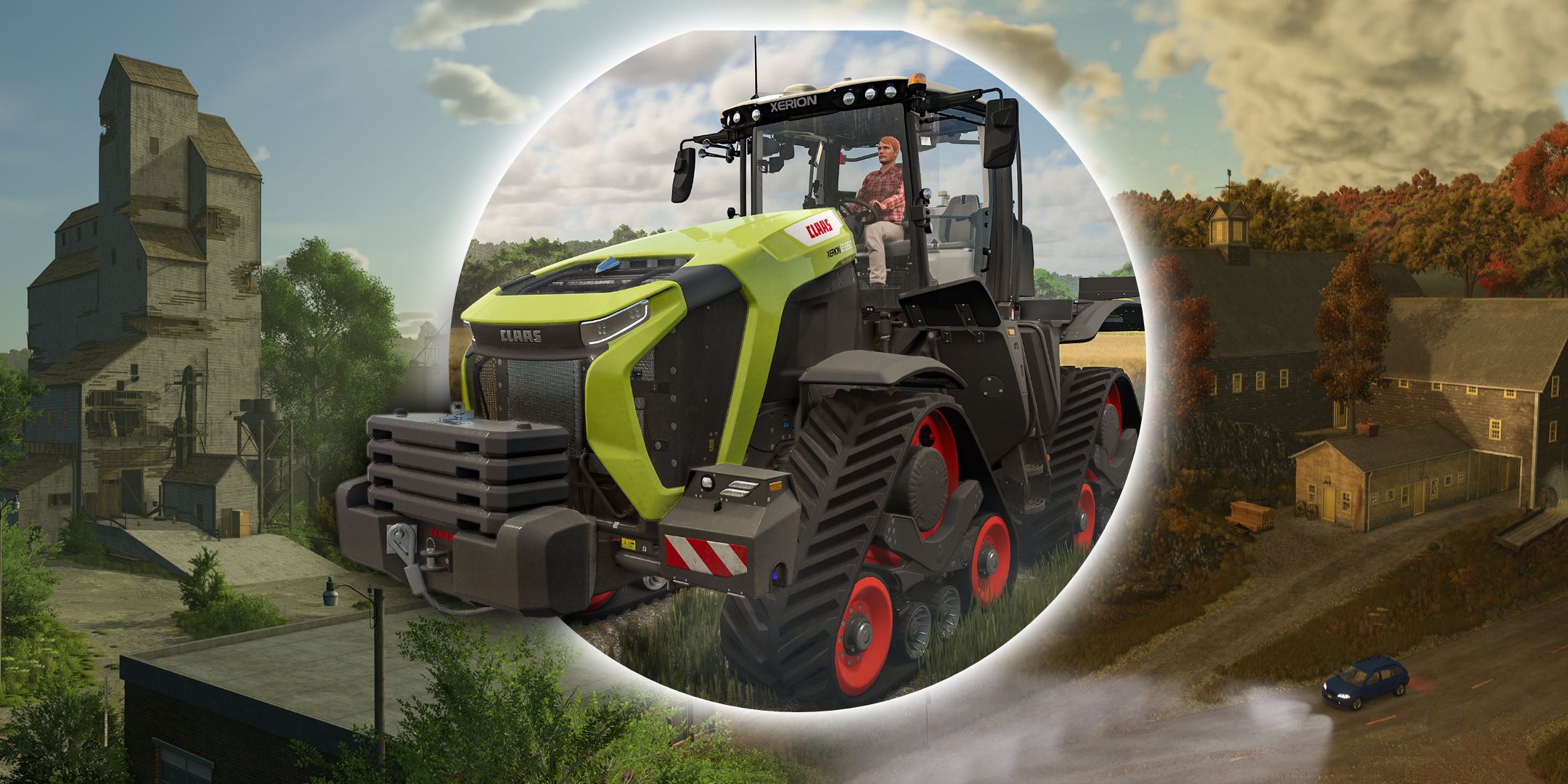 Farming Simulator 25 collage of landscapes, with a CLAAS tractor in the center