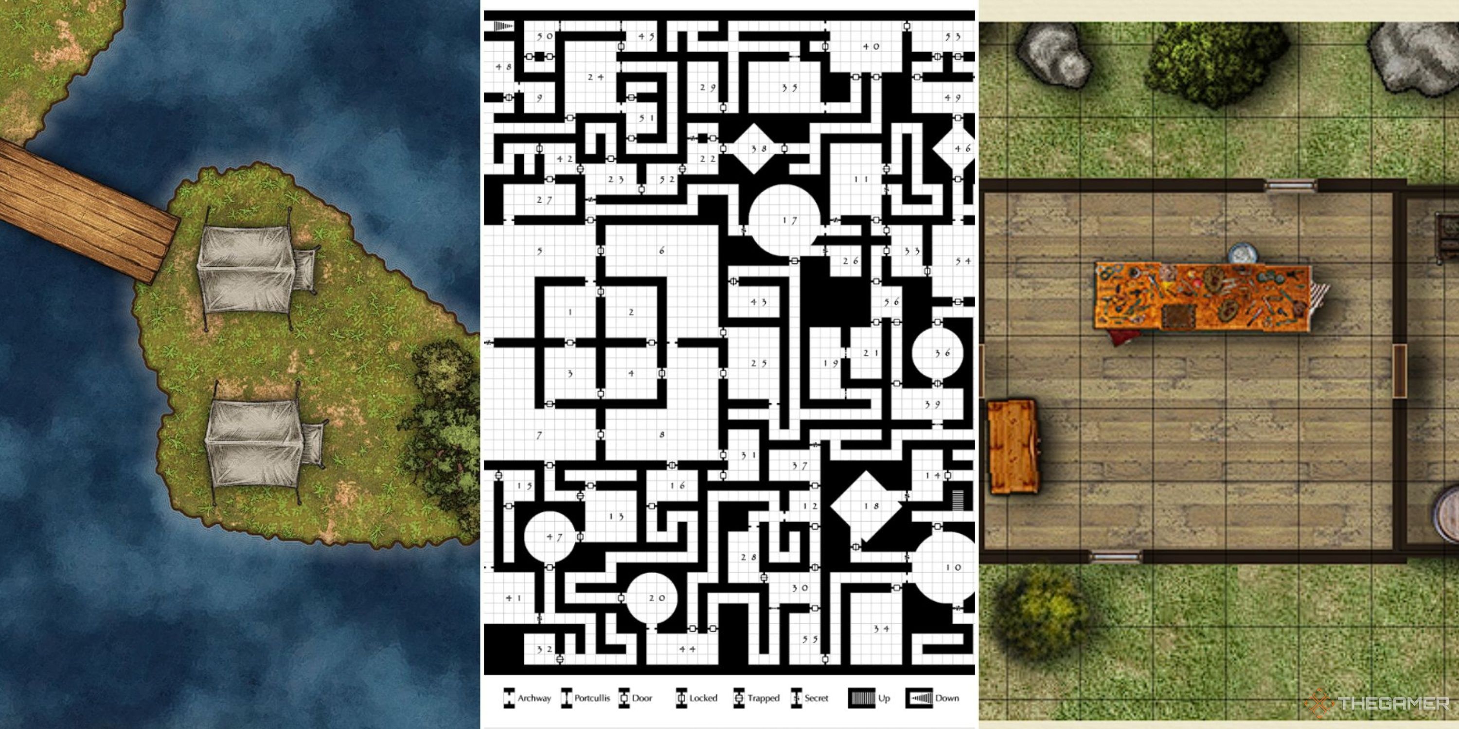 Three screenshots of maps created on the Inkarnate website, Donjon website and Kassoon website.