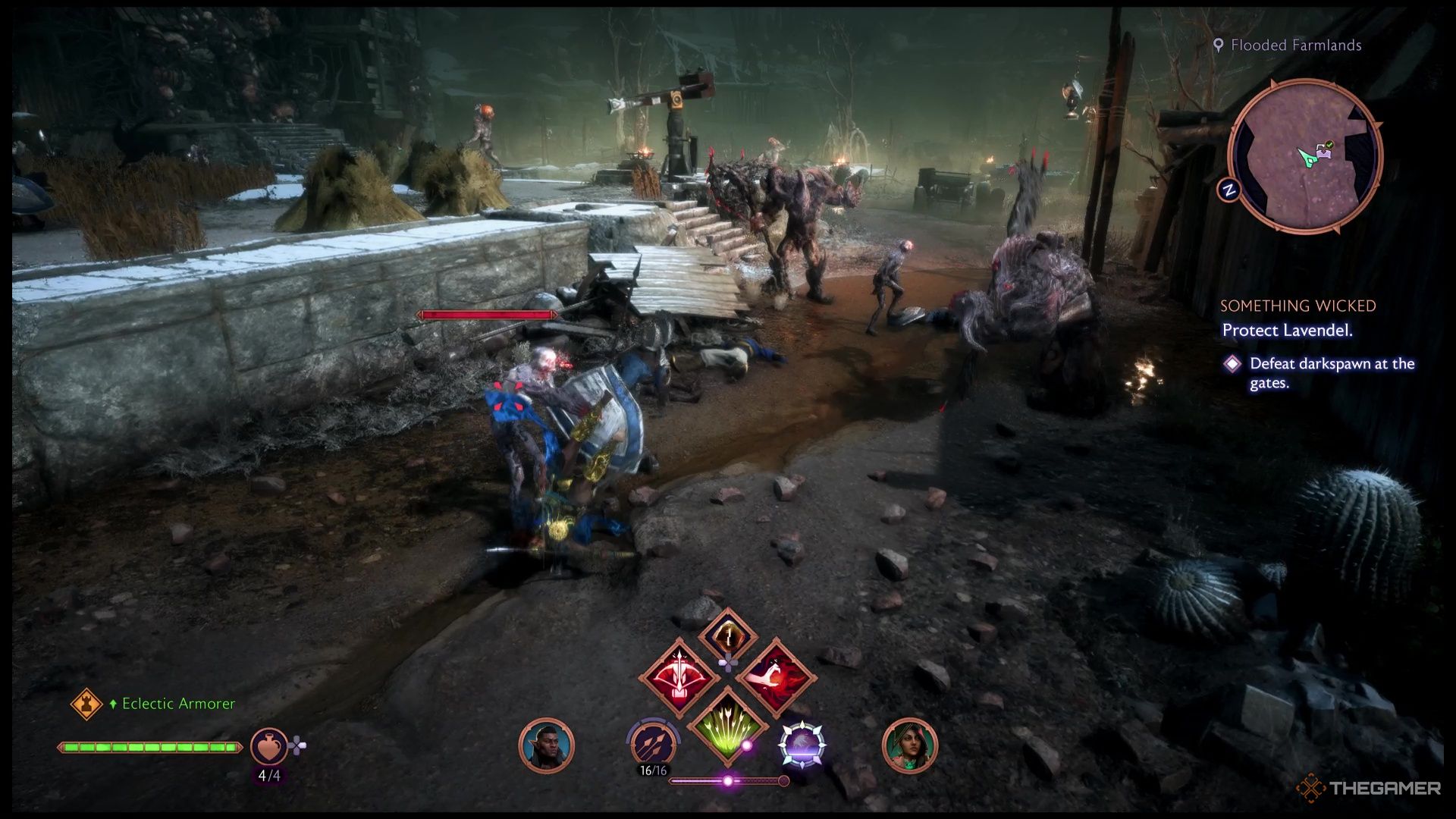 Rook Fights Darkspawn At Lavendel's gates in Dragon Age: The Veilguard.