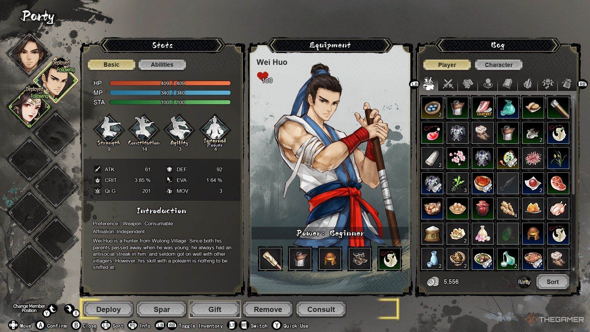 The image shows Wei Huo's character menu screen with 100 Affinity in Wandering Sword.