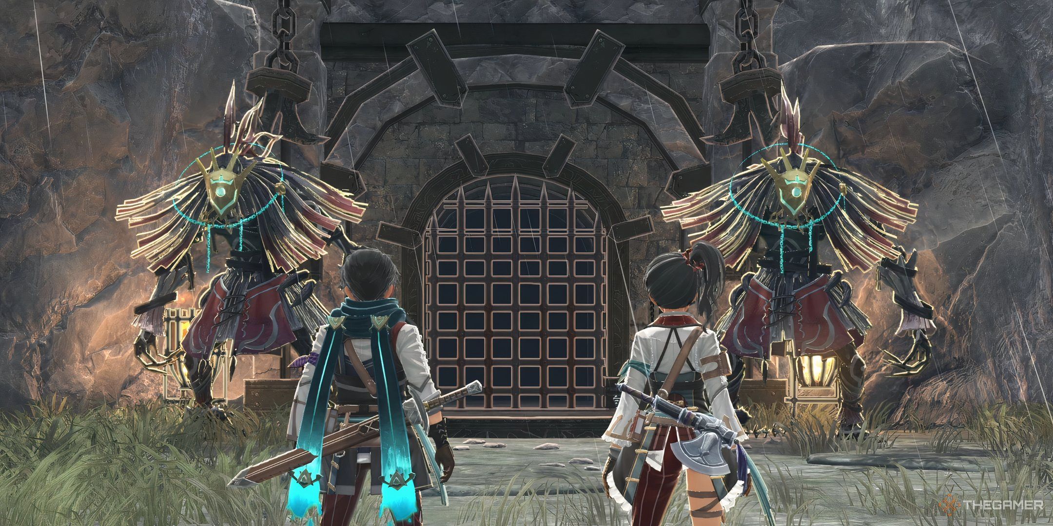 Ys X Nordics Karja and Adol standing in front of two Griegr Puppets.