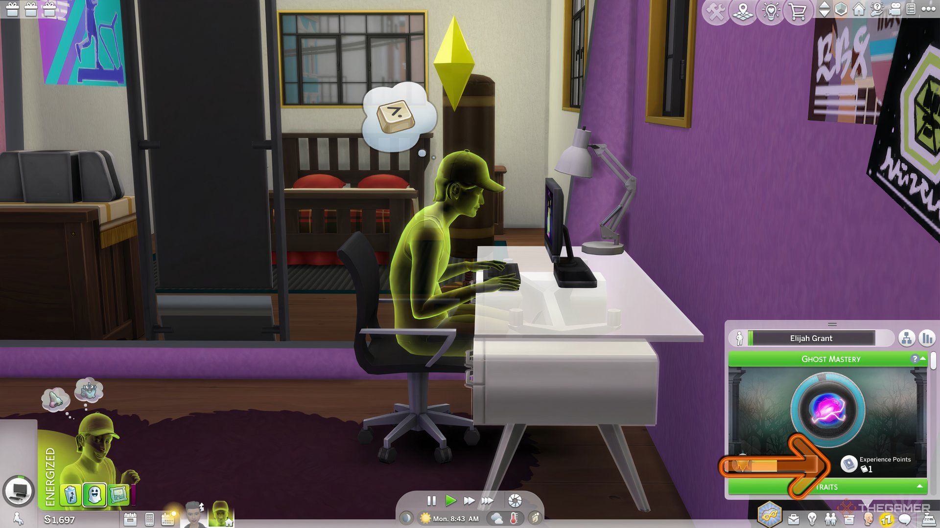 A Ghost Sim using a computer to playing games. There's a menu on bottom-right with a pointer indicating a book icon. 