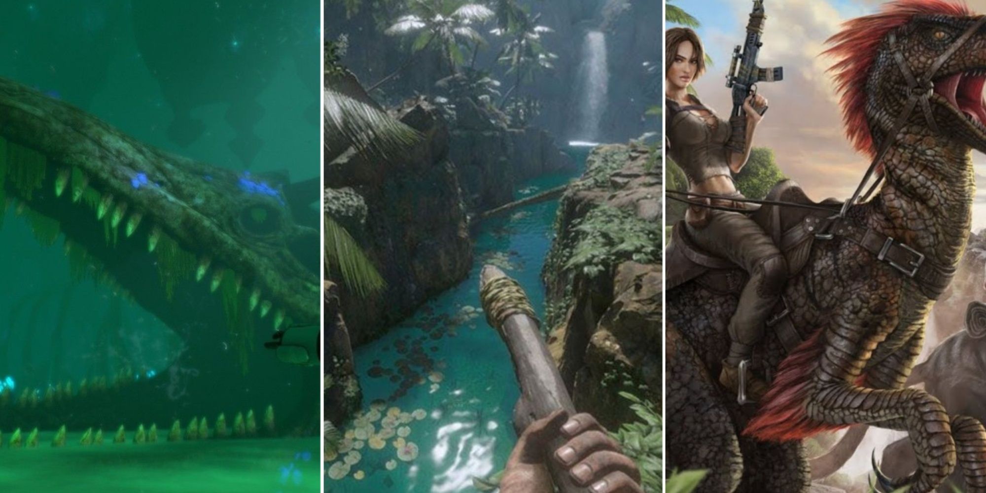 Featured Image For The Best Cross-Platform Survival Games With Promo Images For Ark, Subnautica, and Green Hell