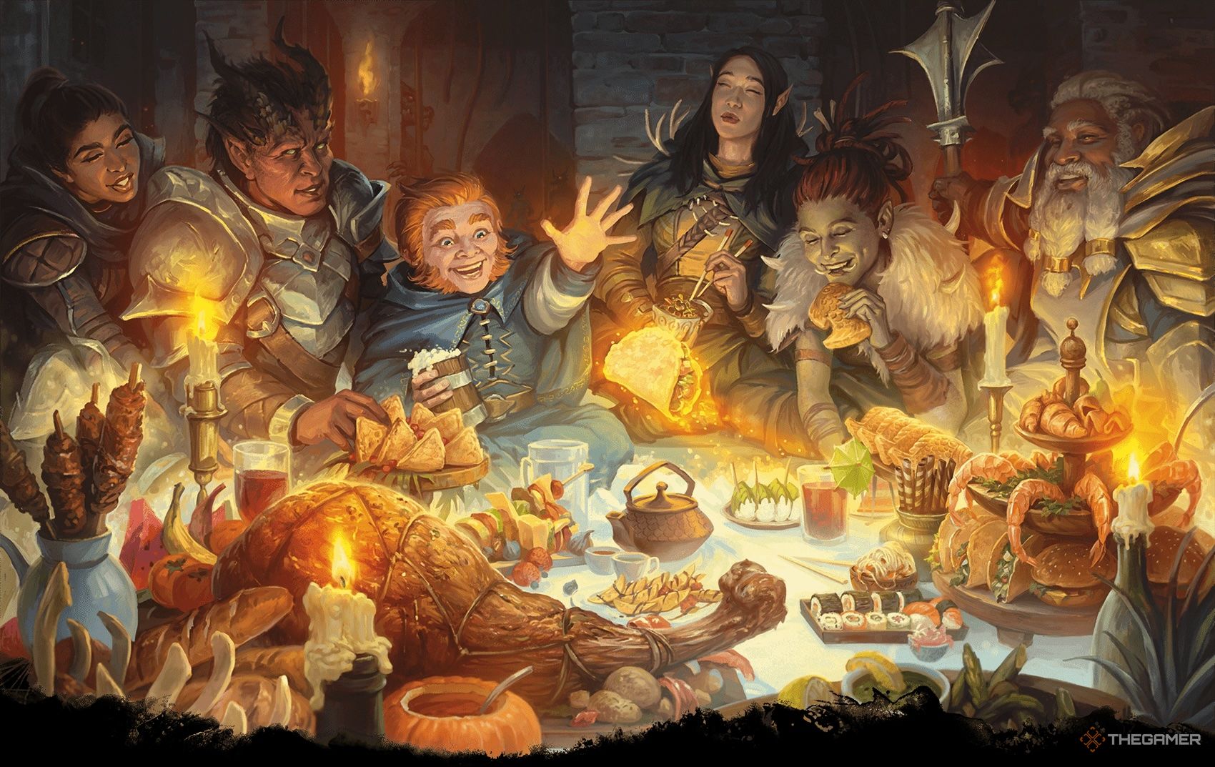 Dungeons & Dragons 2024 Player's Handbook art of the spell hero's feast bringing a party of adventurers together by Raluca Marinescu.