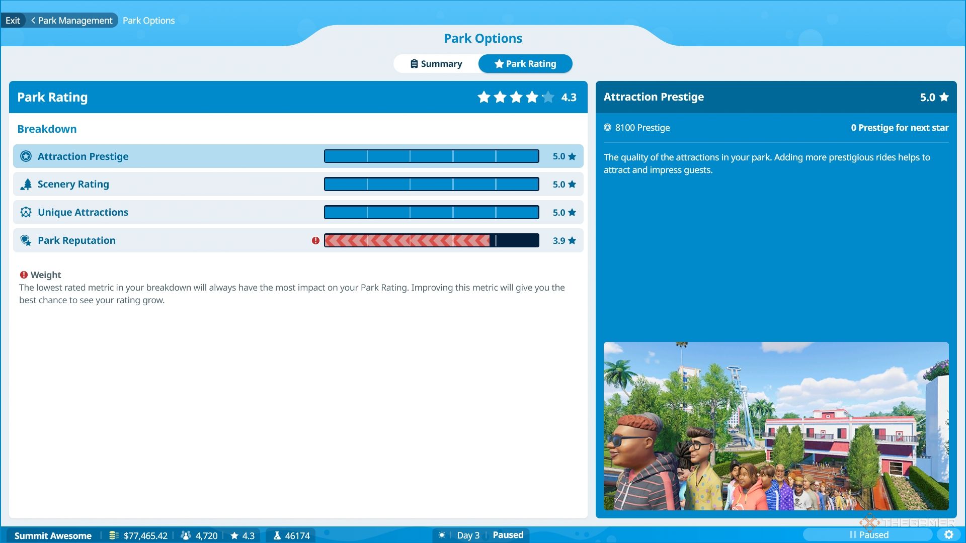 Examining the park rating from the park management menu.