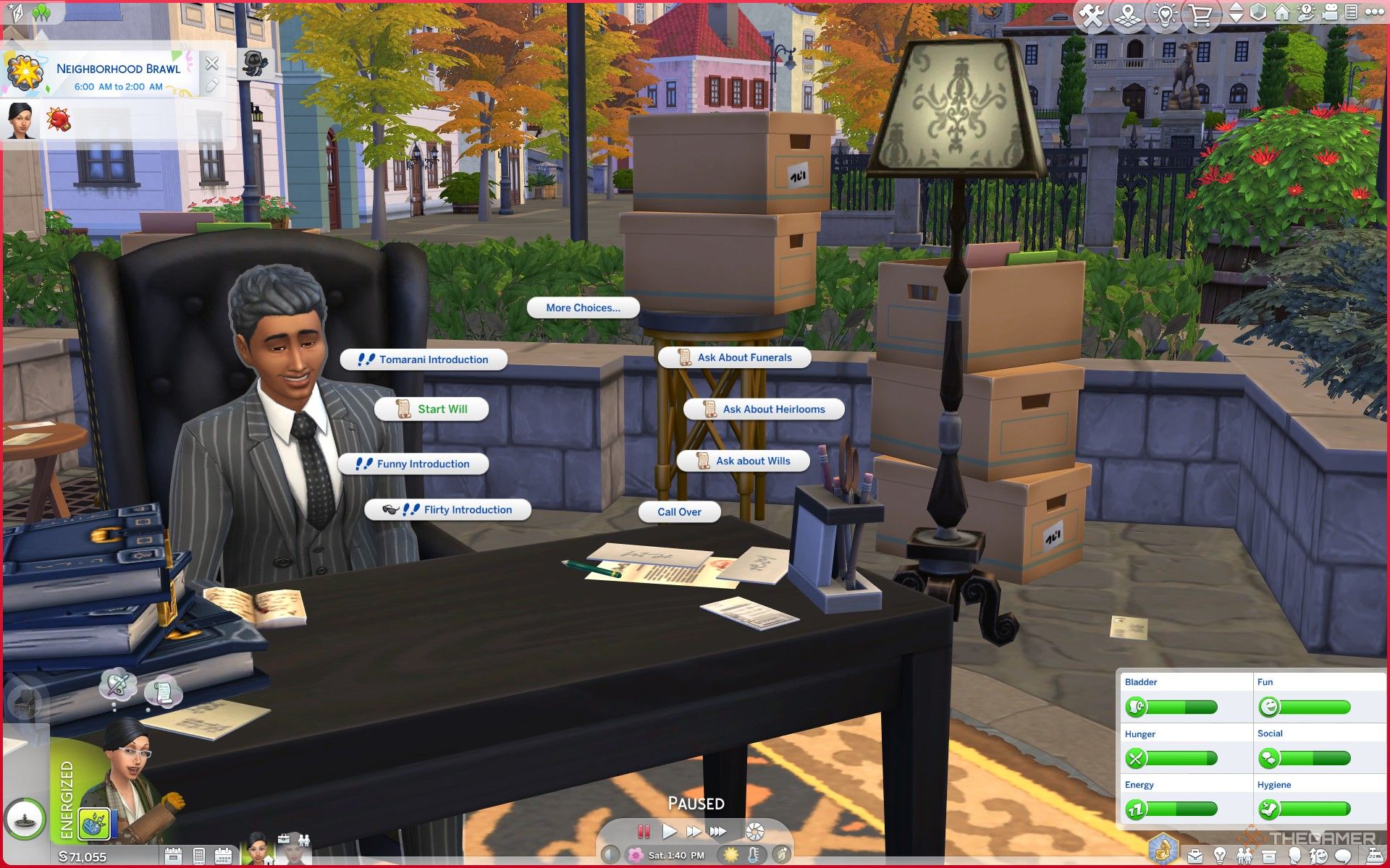 Starting a will with the funeral director Sim at the Ravenwood festival in The Sims 4 Life and Death.