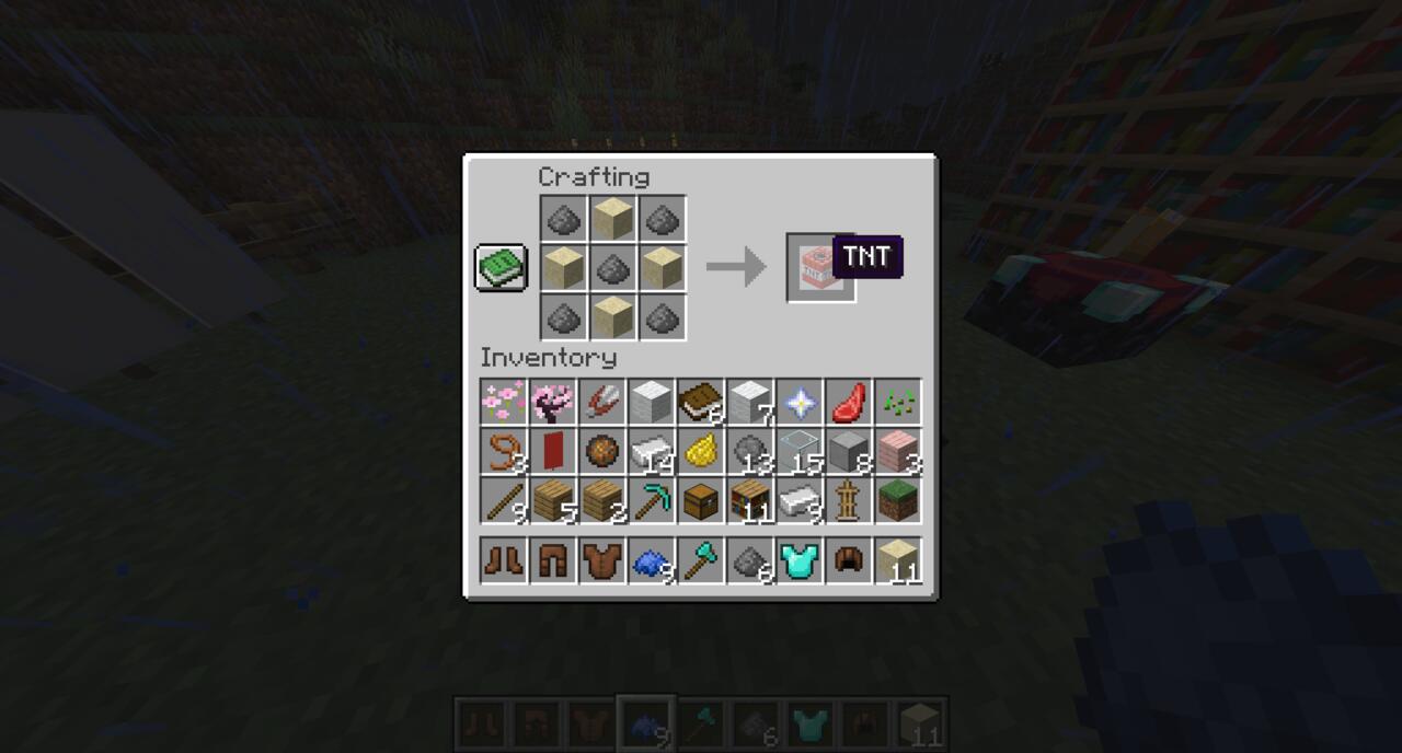 The crafting recipe for TNT in Minecraft