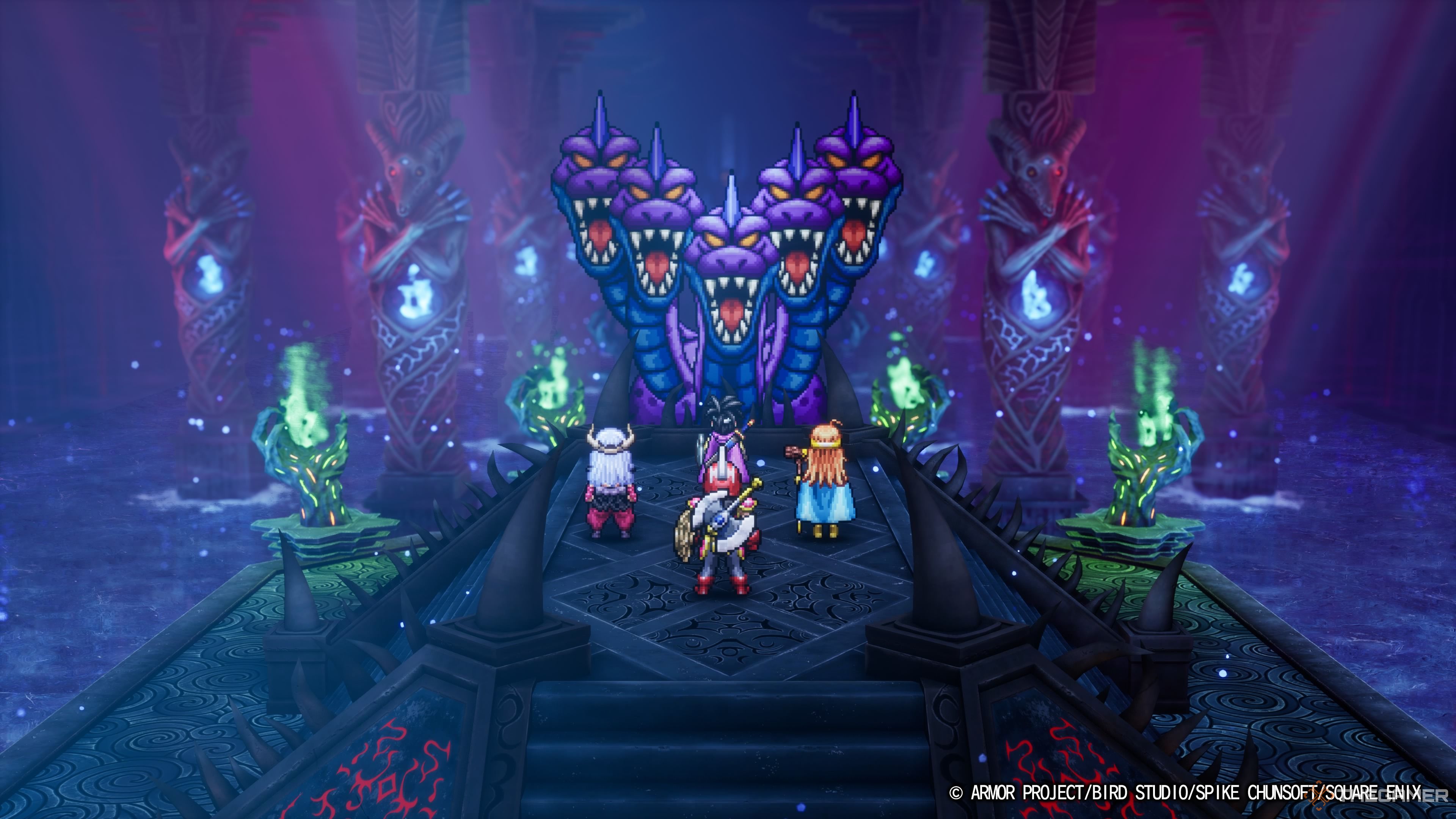 DRAGON QUEST III HD-2D Remake the party standing before king hydra in Zoma's Citadel.