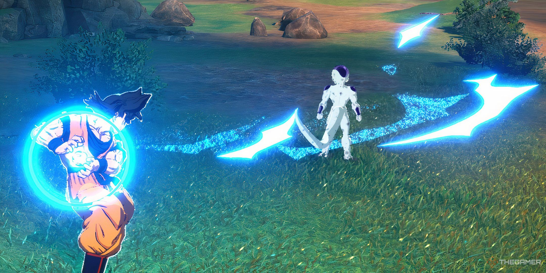 The image shows Goku teleporting behind Freiza and using Kamehameha in Dragon Ball: Sparking Zero.