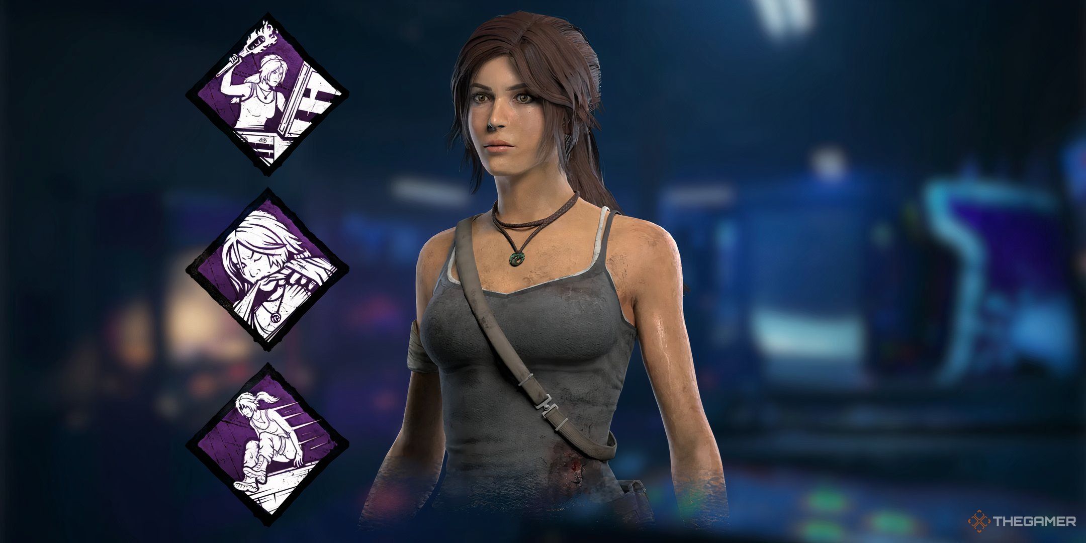 Lara Croft and the icons of her three unique perks over an image of Greenville Square's arcade.