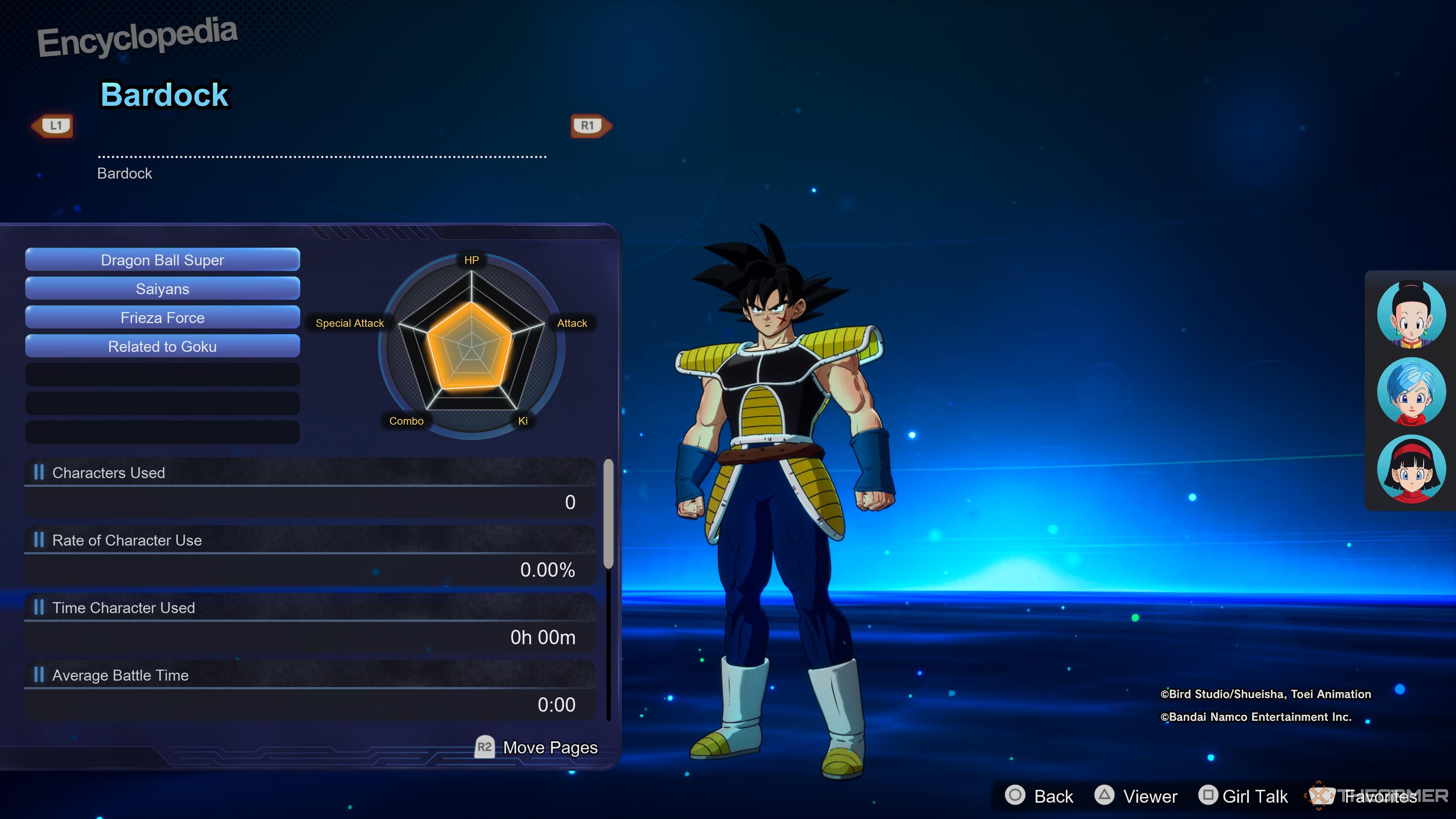 A screen detailing Bardock's stats in the encyclopedia in Dragon Ball: Sparking Zero.