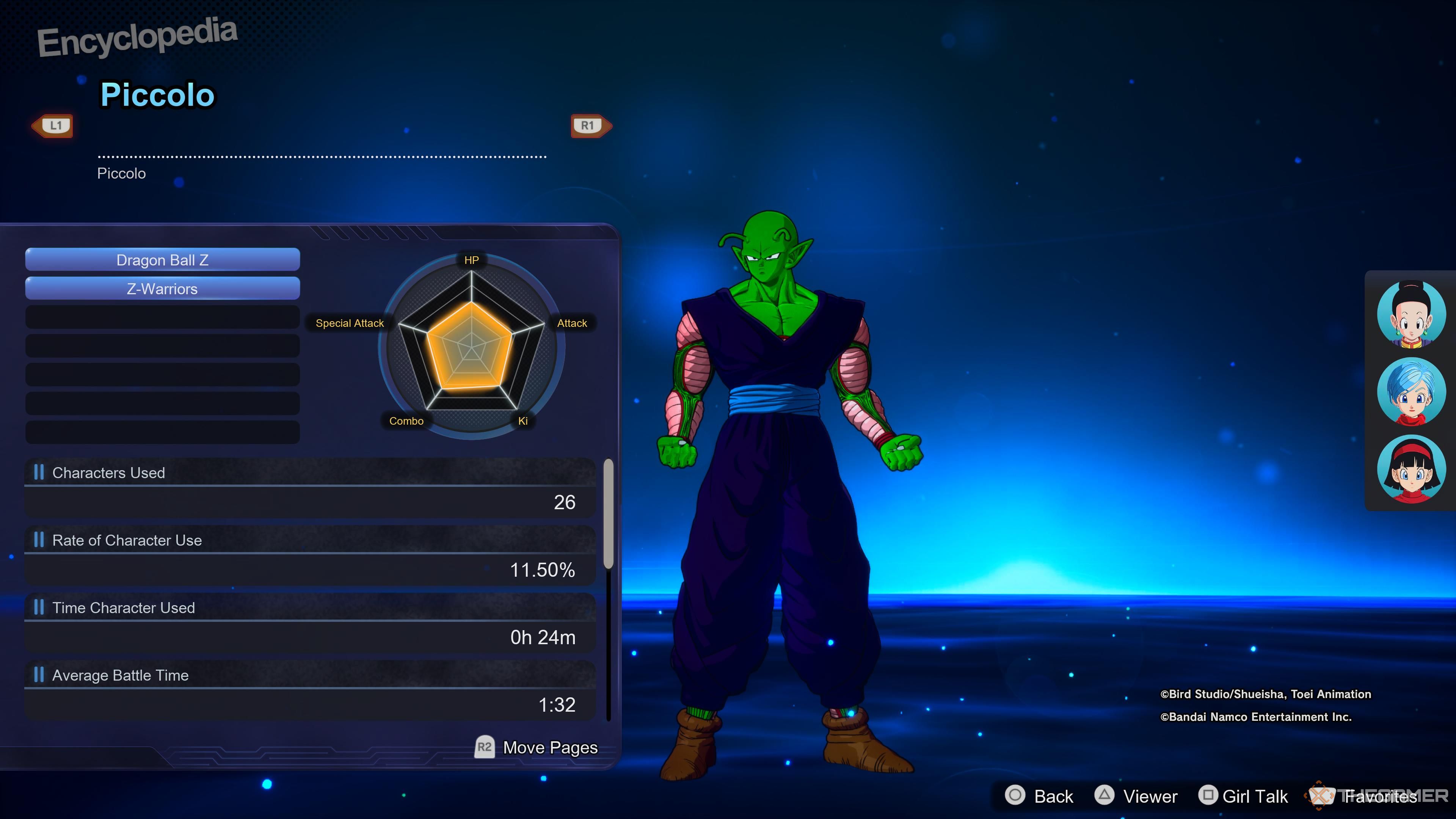 A screen displaying Piccolo's stats in Dragon Ball: Sparking Zero.