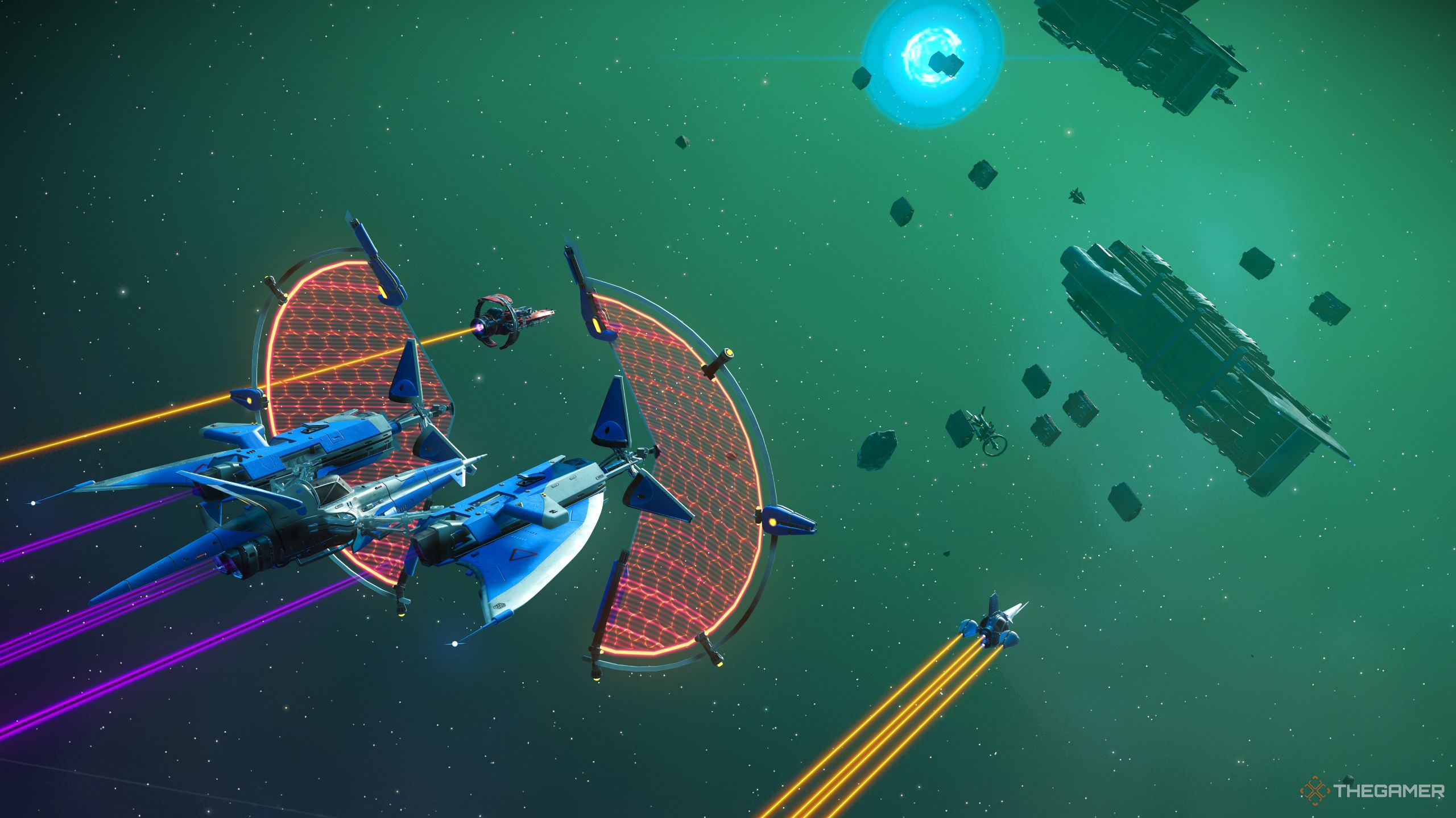 Image of a No Man's Sky squadron flying through space.