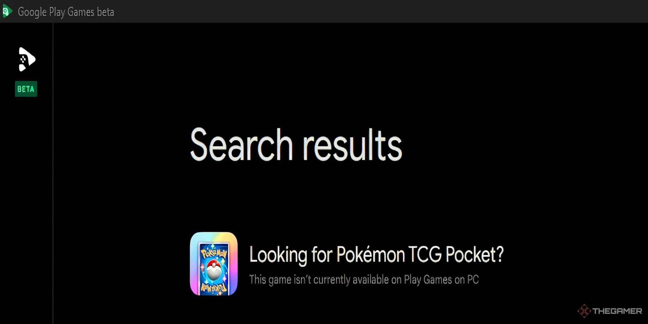 Google Play Games showing that Pokemon TCG Pocket isn't available.