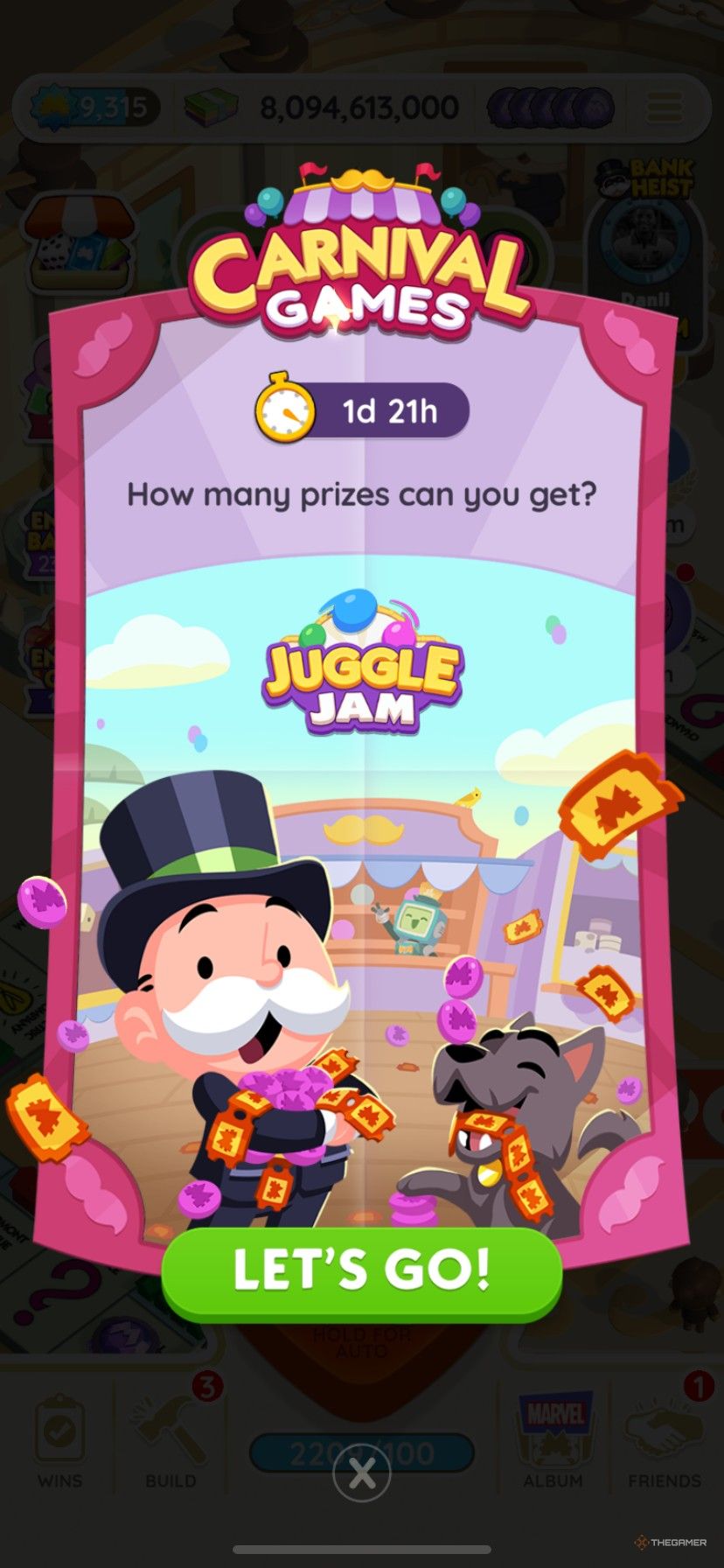 Event start screen for Juggle Jam in Monopoly Go showing Mr. Monopoly and Scottie holding tokens and tickets.