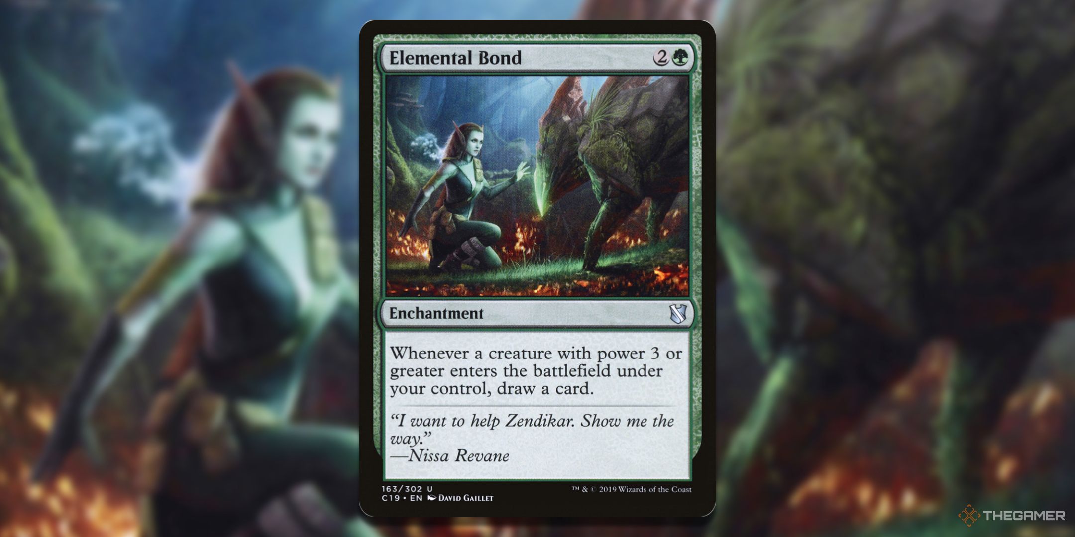 MTG Elemental Bond card with the art in the background.