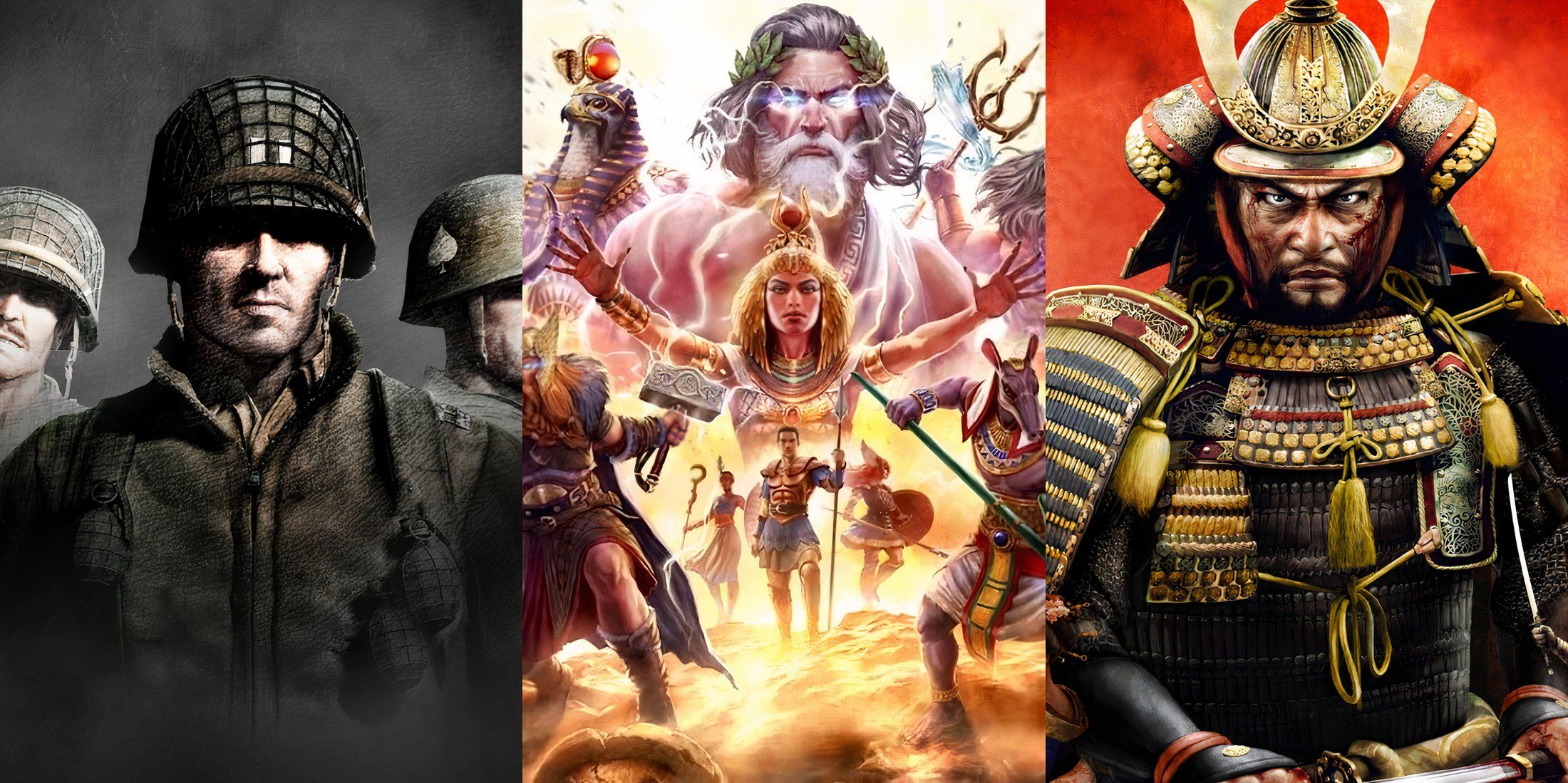 Key art from Company of Heroes, Age of Mythology, and Total War: Shogun 2