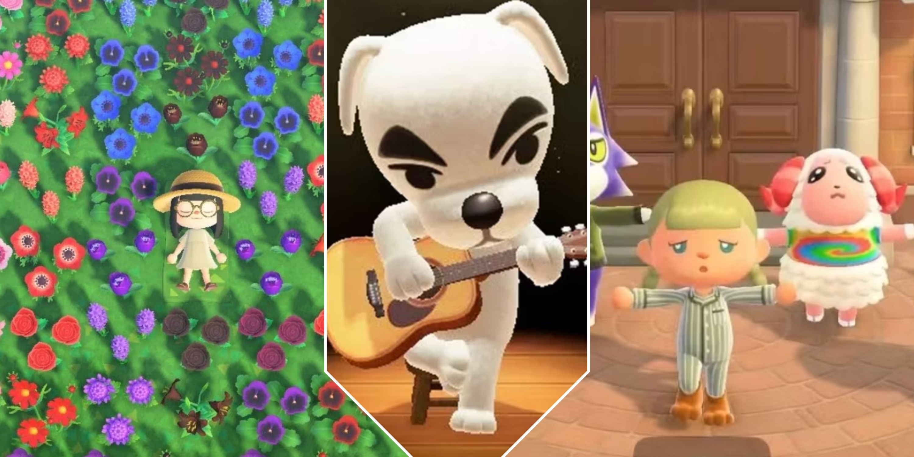 Animal Crossing New Horizons collage image featuring player laying in field of flower, KK. Slider playing guitar, and player stretching with villagers 