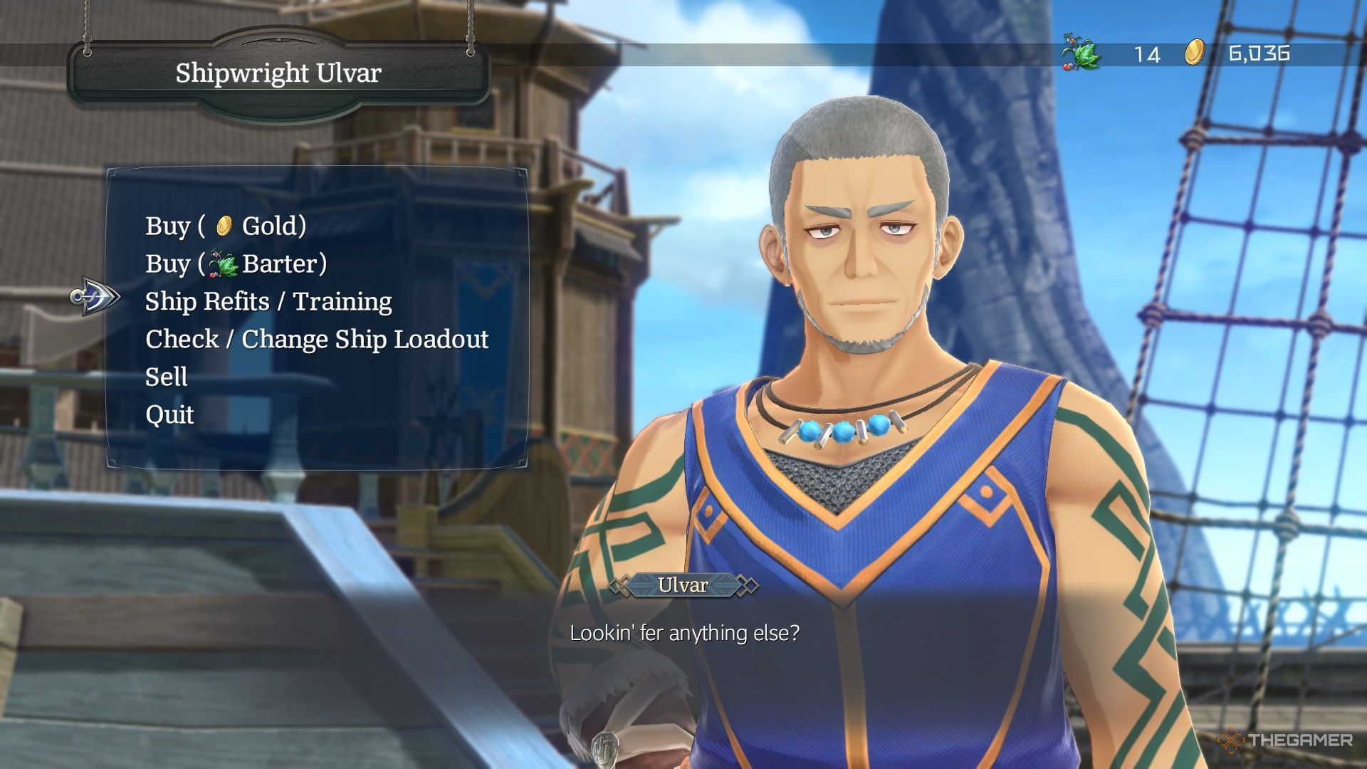 The image shows the Shipwright Ulvar's shop menu in Ys X: Nordics.