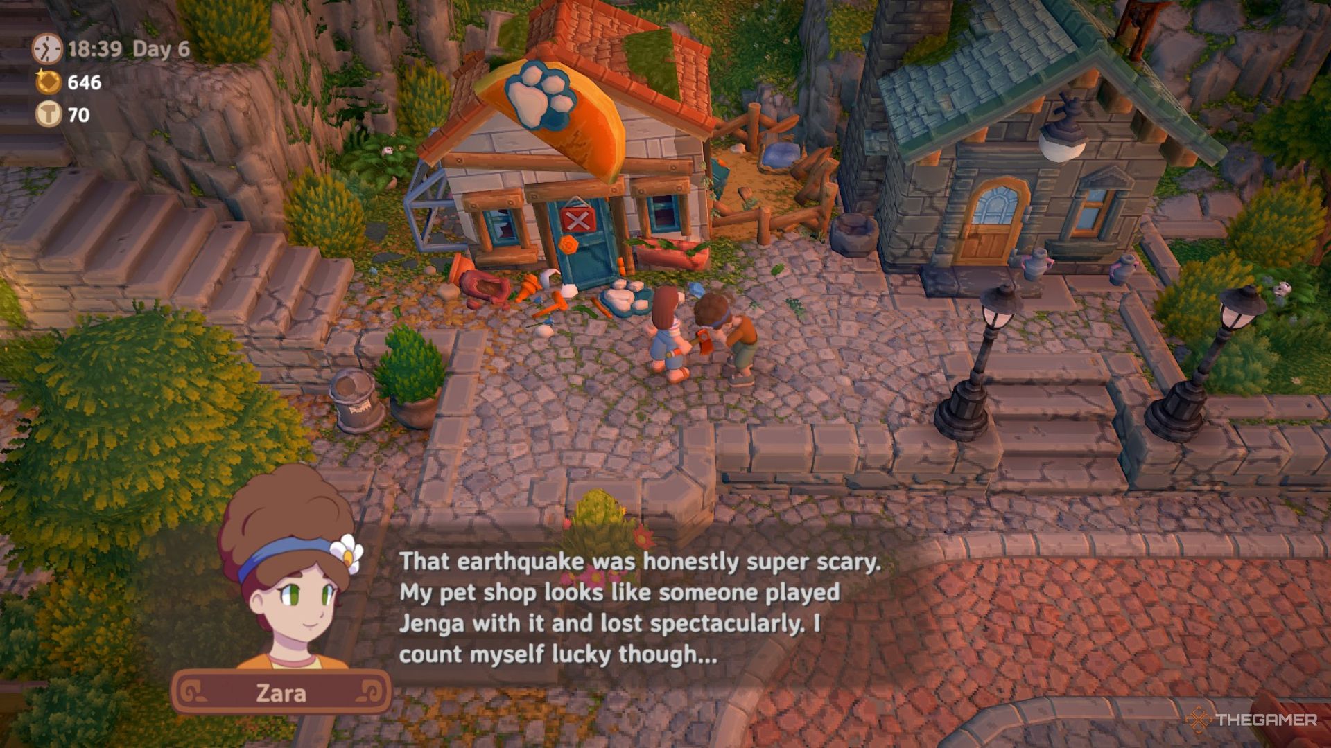 Player character talking to Zara about their destroyed pet shop in Luma Island.