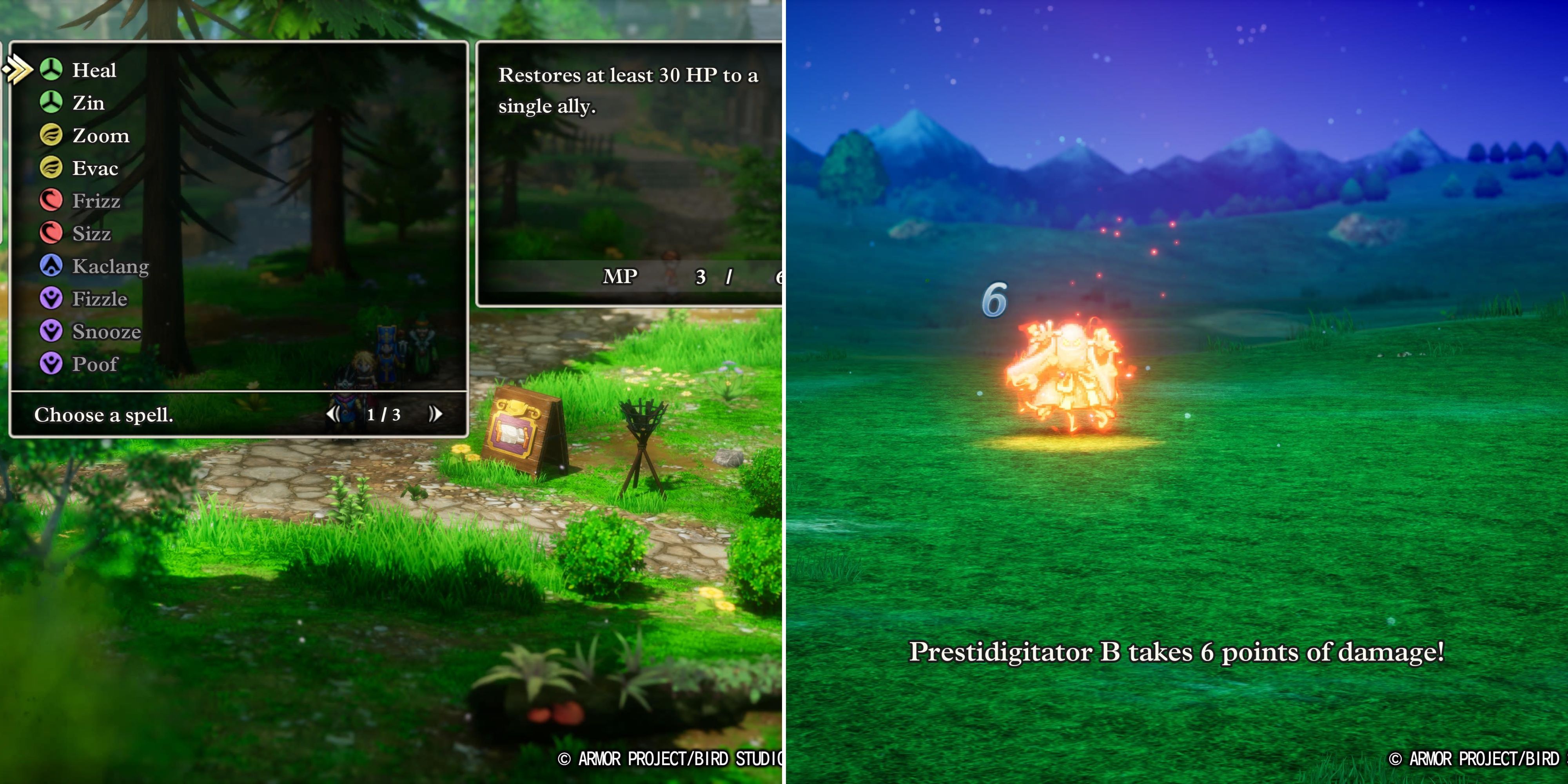 The Heal Spell In The Menu & A Character Using Frizz In Combat 