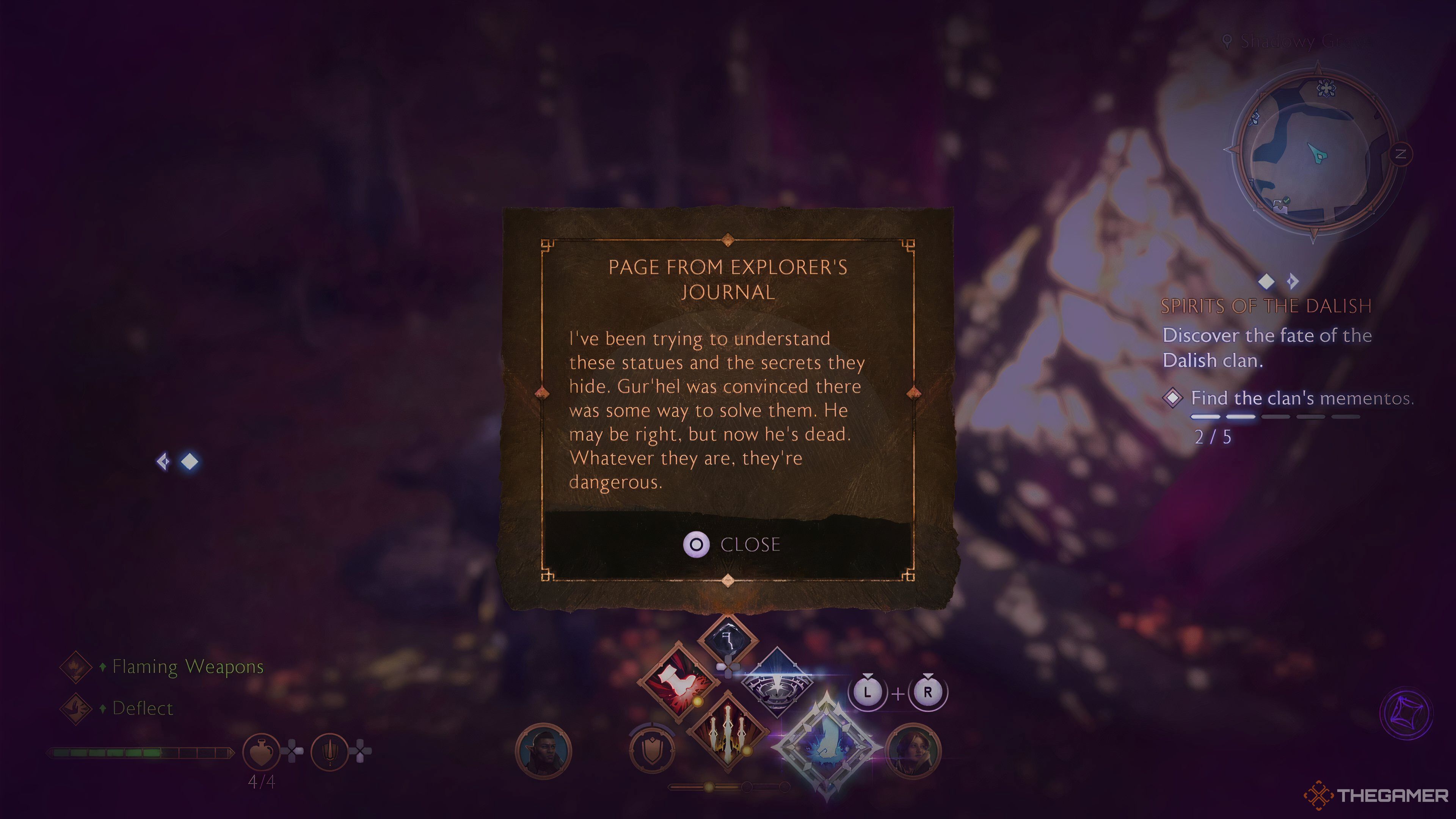 A note introducing a nearby statue puzzle in Dragon Age: The Veilguard.