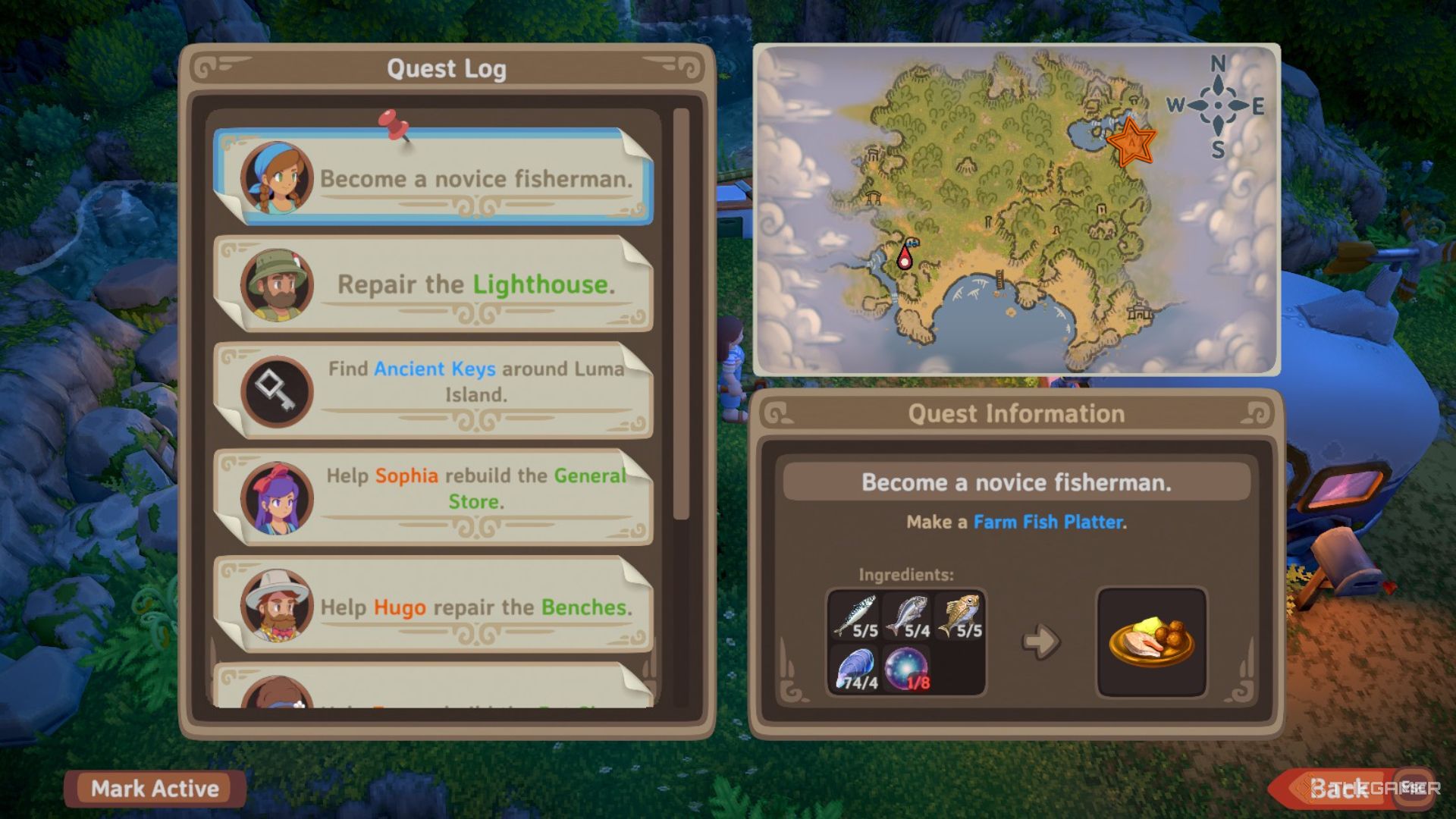 Menu with a list of quests on the left and a map with an orange star edited onto it on the right in Luma Island.