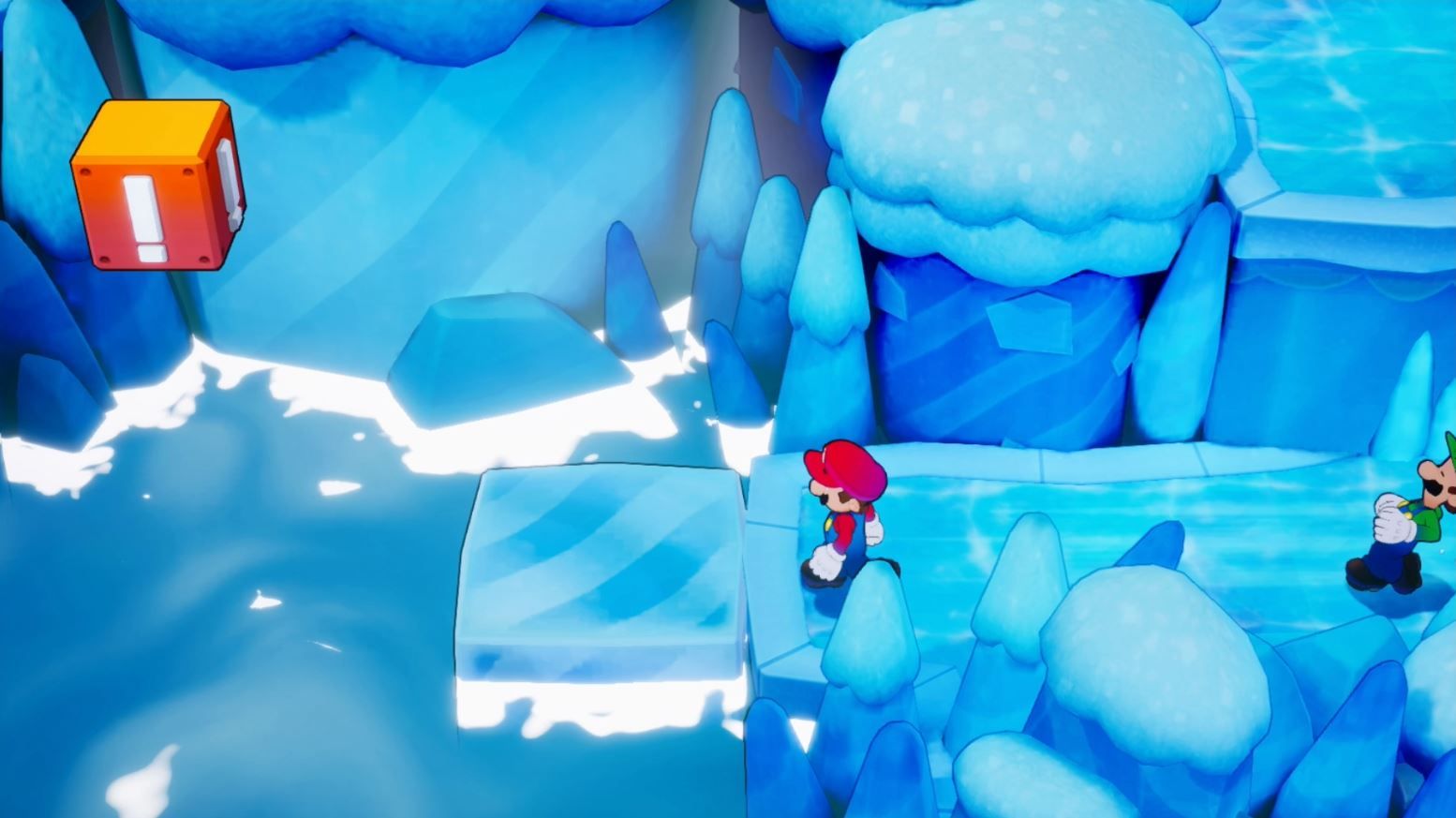 Mario looking at a floating ice block in Mario & Luigi: Brothership.