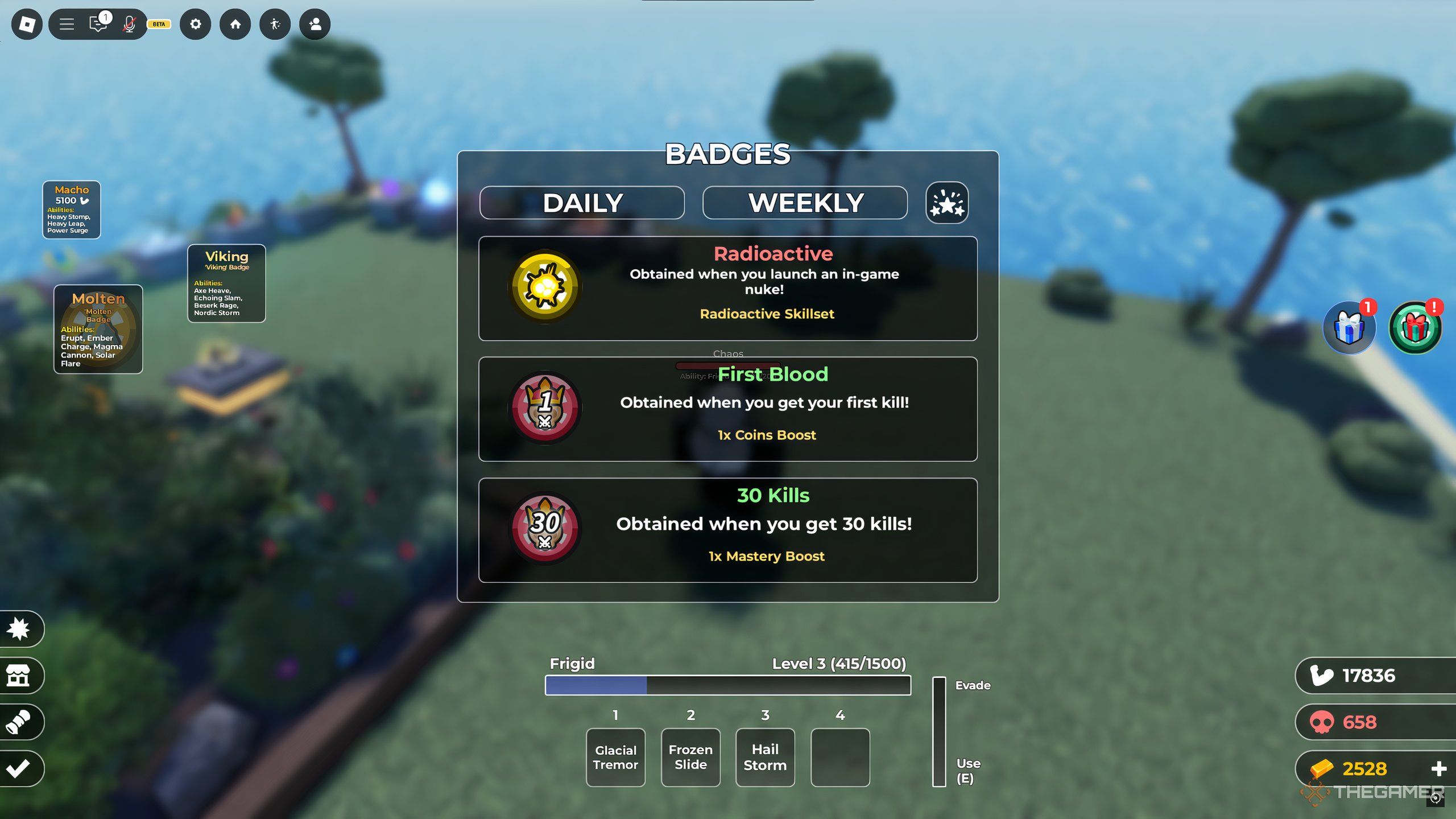 The badges tab of the quests menu, in Roblox: Fight For Survival.