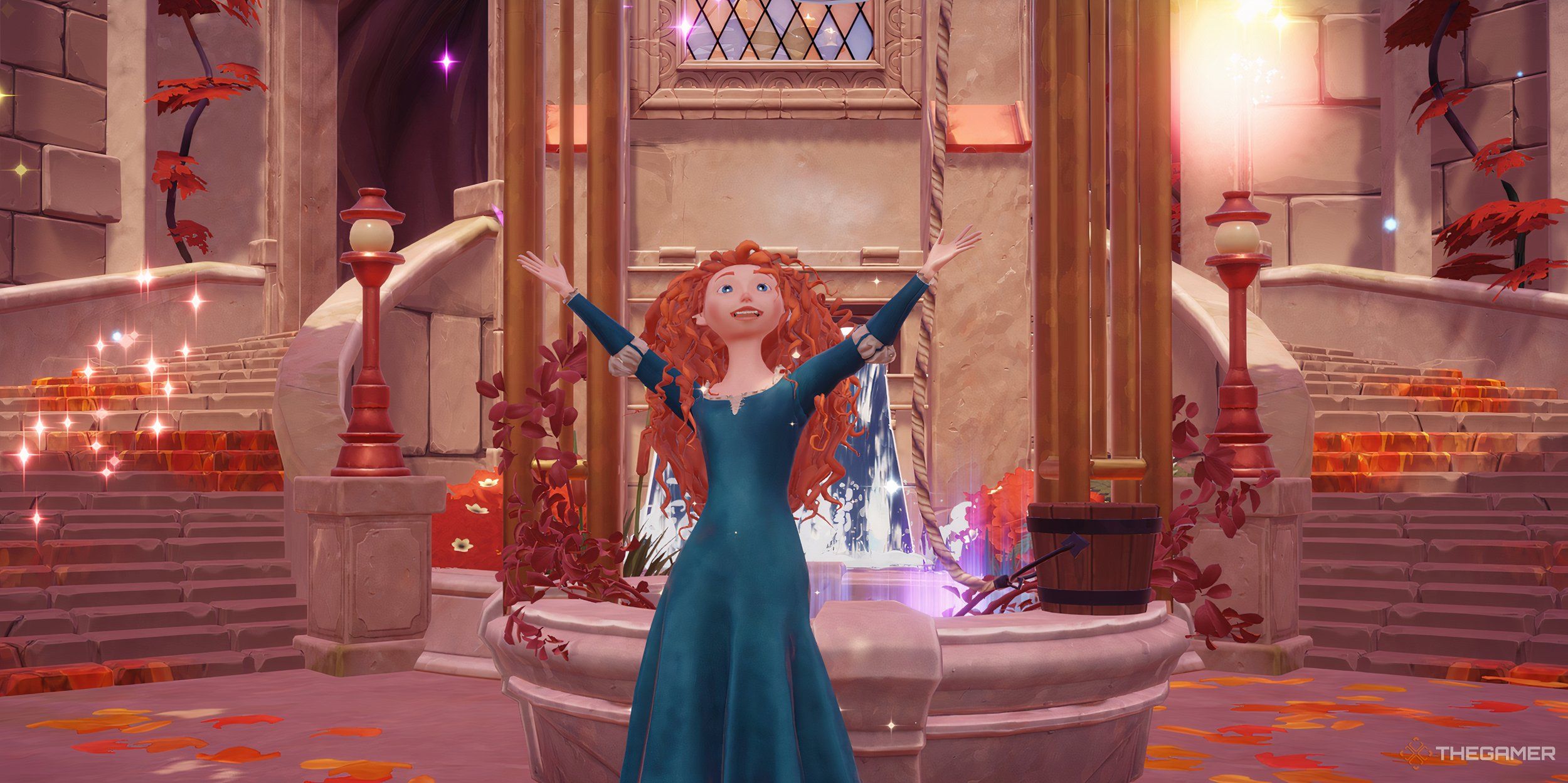 Merida celebrating in front of the Storybook Vale fountain.